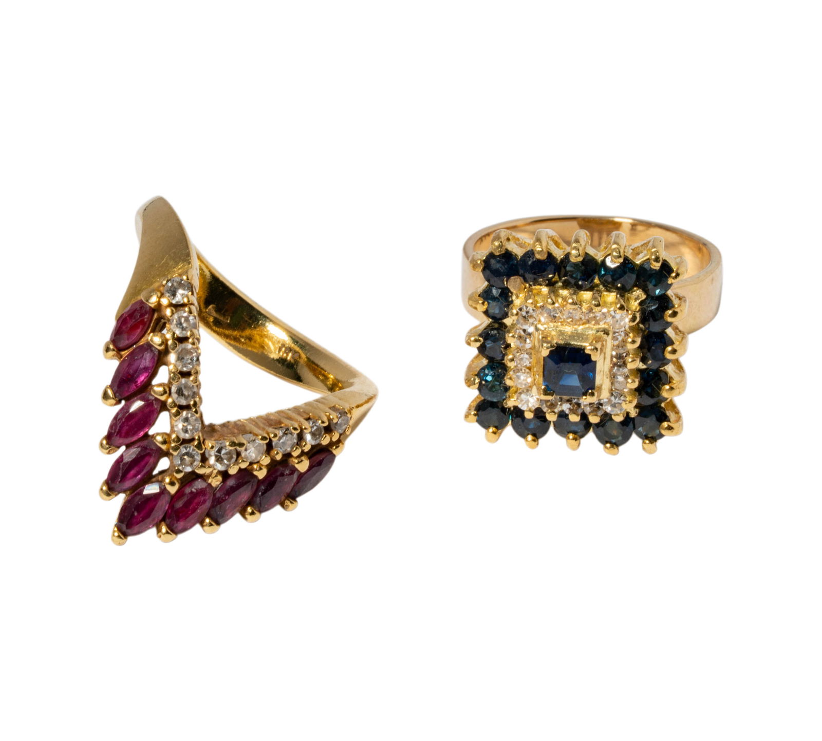 Two 14 Karat Yellow Gold, Diamond, Sapphire, and Ruby Rings - 2
