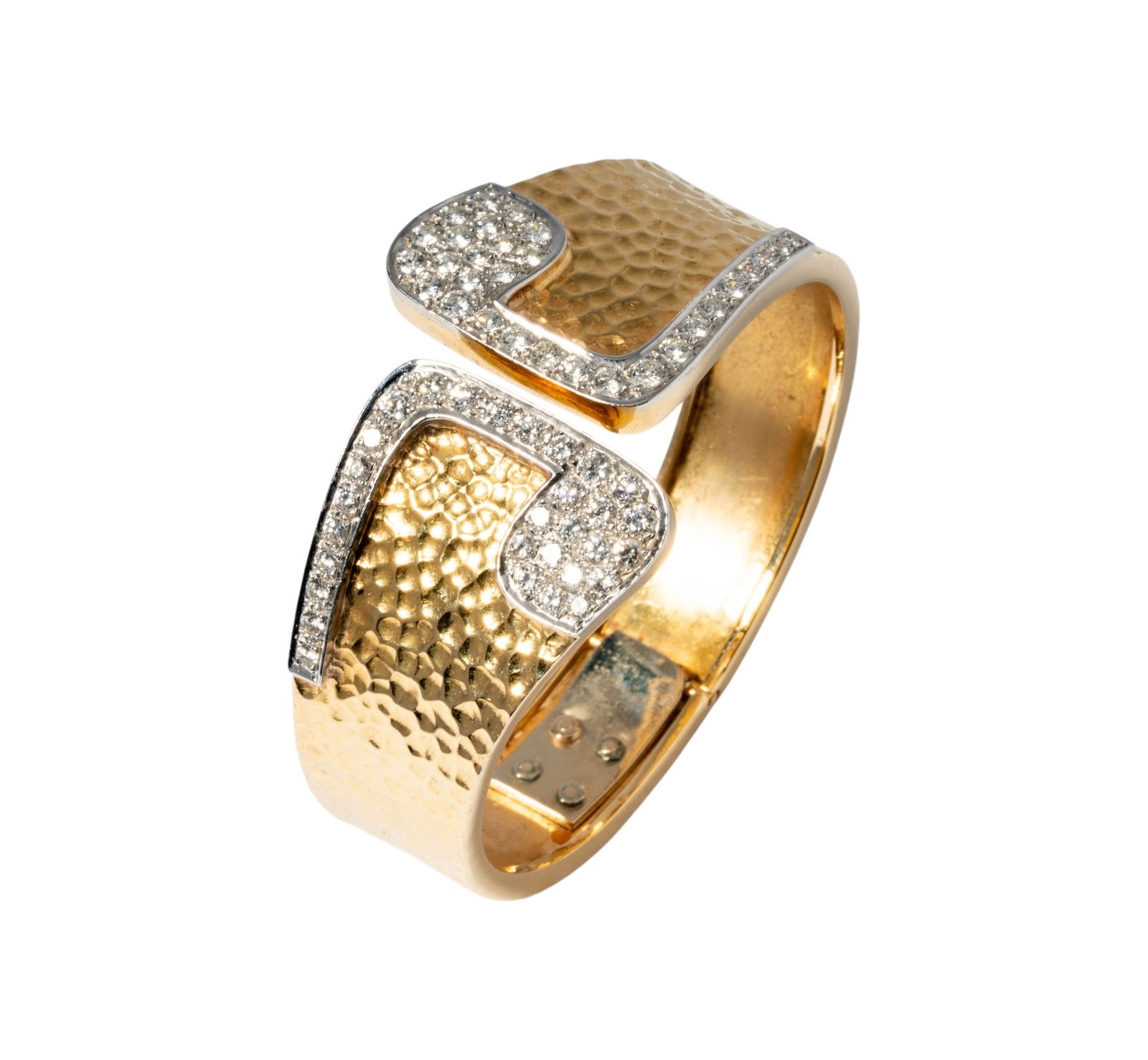 18 Karat Yellow Gold & Diamond Cuff Bracelet: Including one textured diamond bracelet, set with 60 small round diamonds [H-I/VS-SI] weighing approximately 2.95 carats; measuring 6-1/2 inches inside, by 1 inch at its widest, weighing 58 grams;