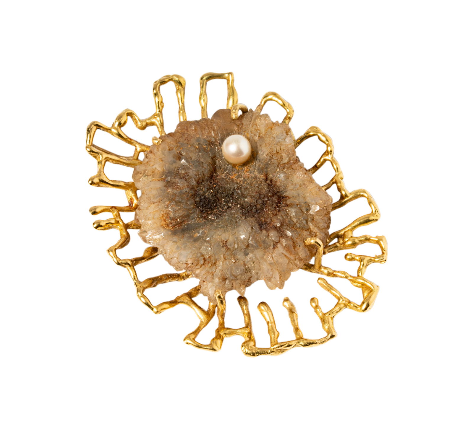 18 Karat Yellow Gold, Druzy Quartz, and Cultured Pearl Brutalist Pendant: Including one brutalist quartz and pearl set pendant; measuring 3-1/8 inches tall by 2-3/8 inches wide, weighing 53.4 grams;