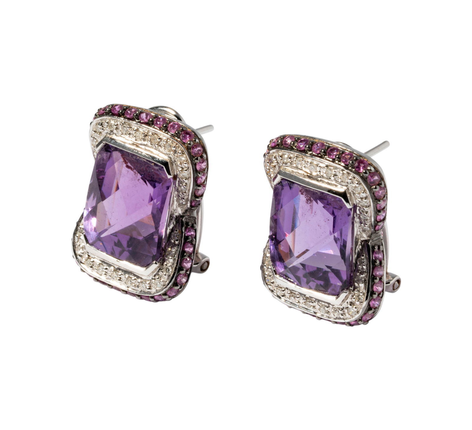 Pair of 14 Karat White Gold, Diamond, Pink Sapphire, & Amethyst Earrings (1 of 6)