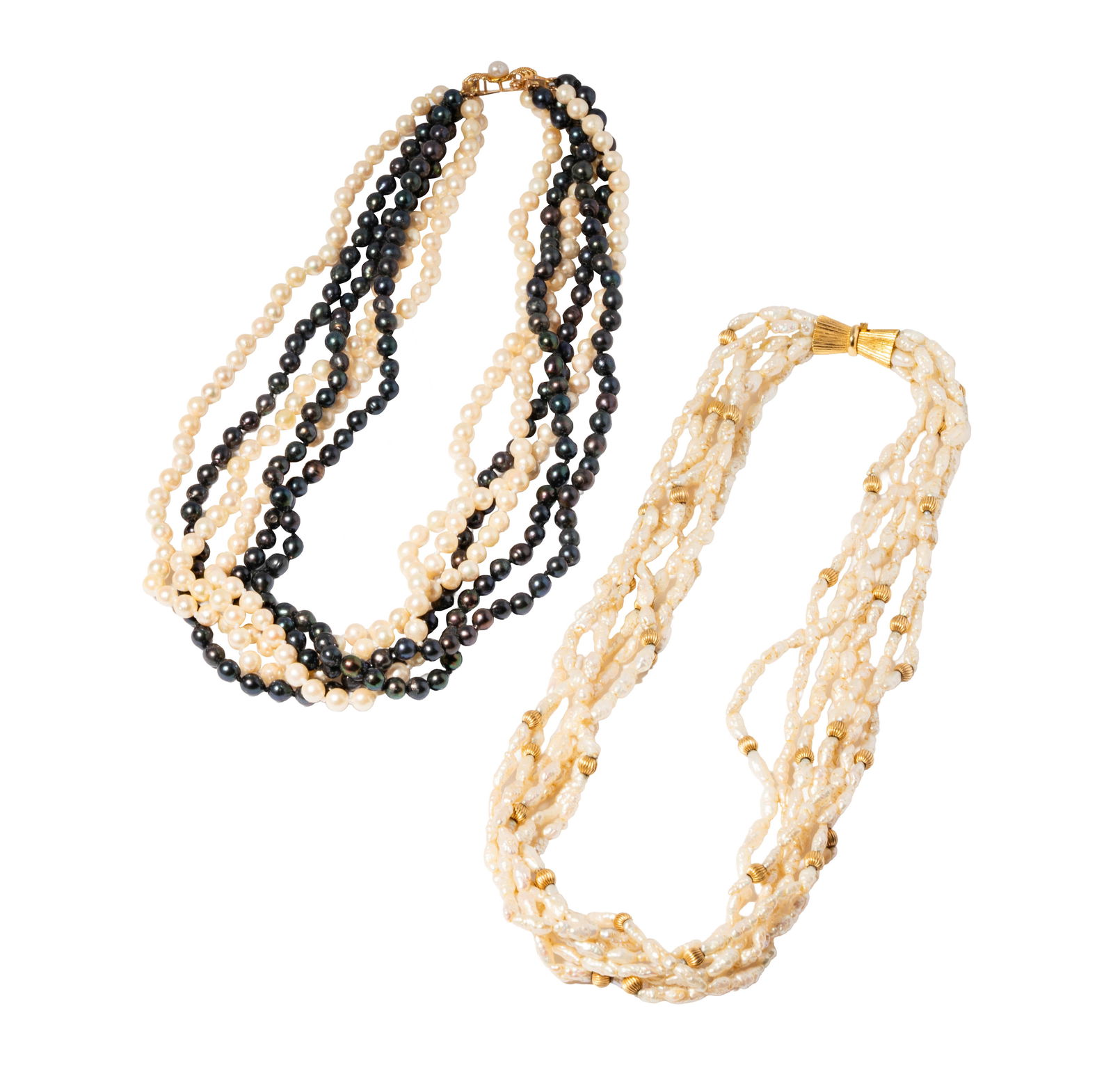 Two 14 Karat Yellow Gold & Cultured Pearl Torsade Necklace: Including two multi-strand pearl necklaces, one pearl seed necklace measuring 16-1/8 inches long and one multi-colored pearl necklace measuring 16 inches long;