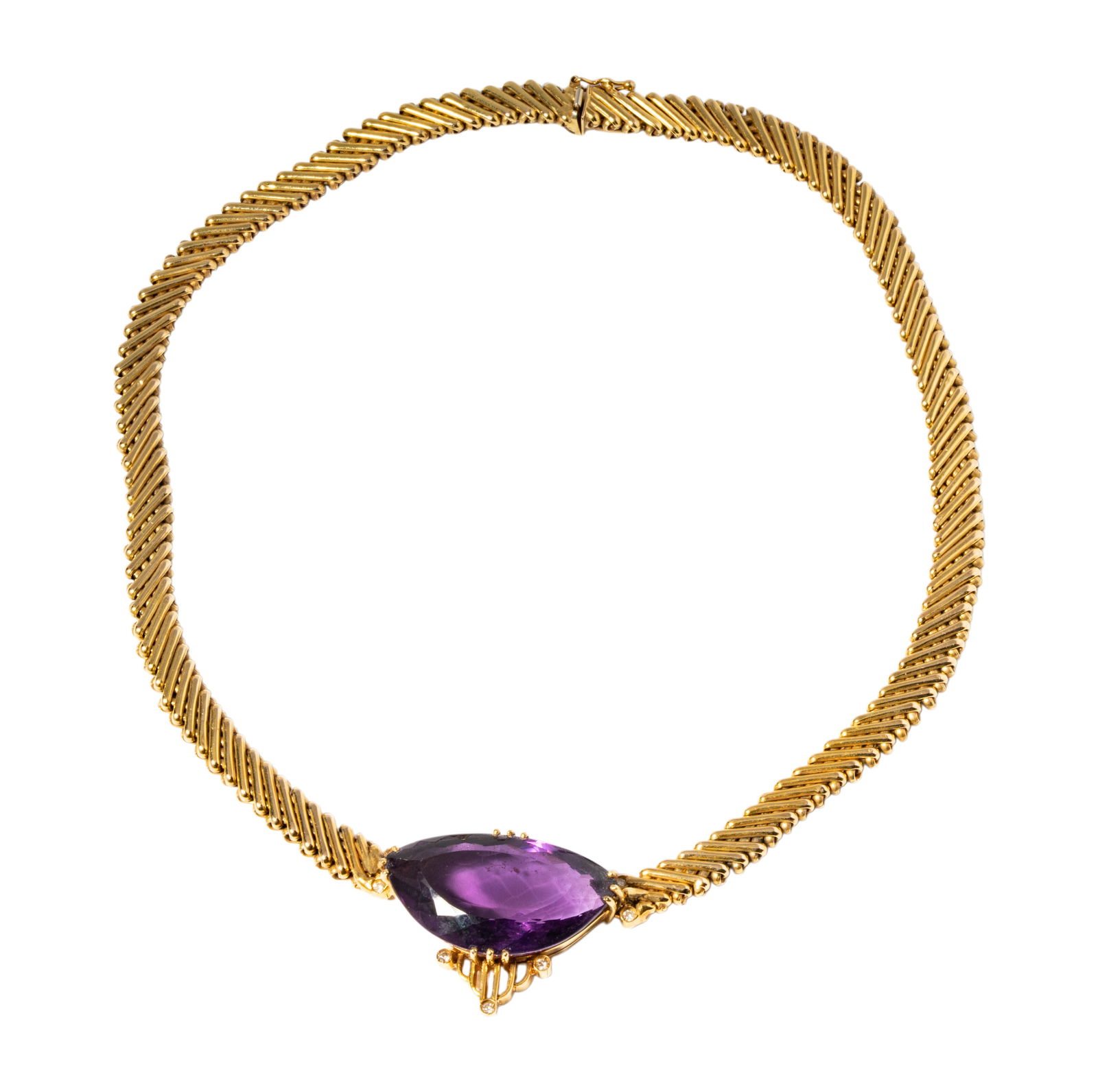 Brev 14 Karat Yellow Gold, Diamond, & Amethyst Necklace: Inlcuding 14 karat yellow gold diamond, and amethyst; amethyst measuring 32mm by 18.35mm and seven small round diamonds weighing approxiamtely 0.10 carats; necklace measuring 16 inches long, weighing