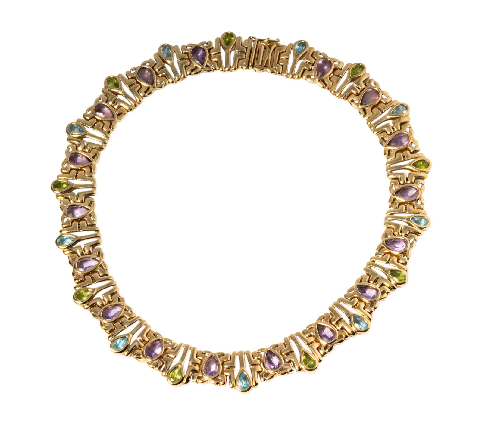 14 Karat Yellow Gold, Topaz, Peridot, & Amethyst Necklace: Including one gem-set collar necklace set with 17 pear-shaped amethyst weighing approximately 20.75 carats total, and nine peridots weighing approximately 5.35 carats, and nine blue topaz weighing app