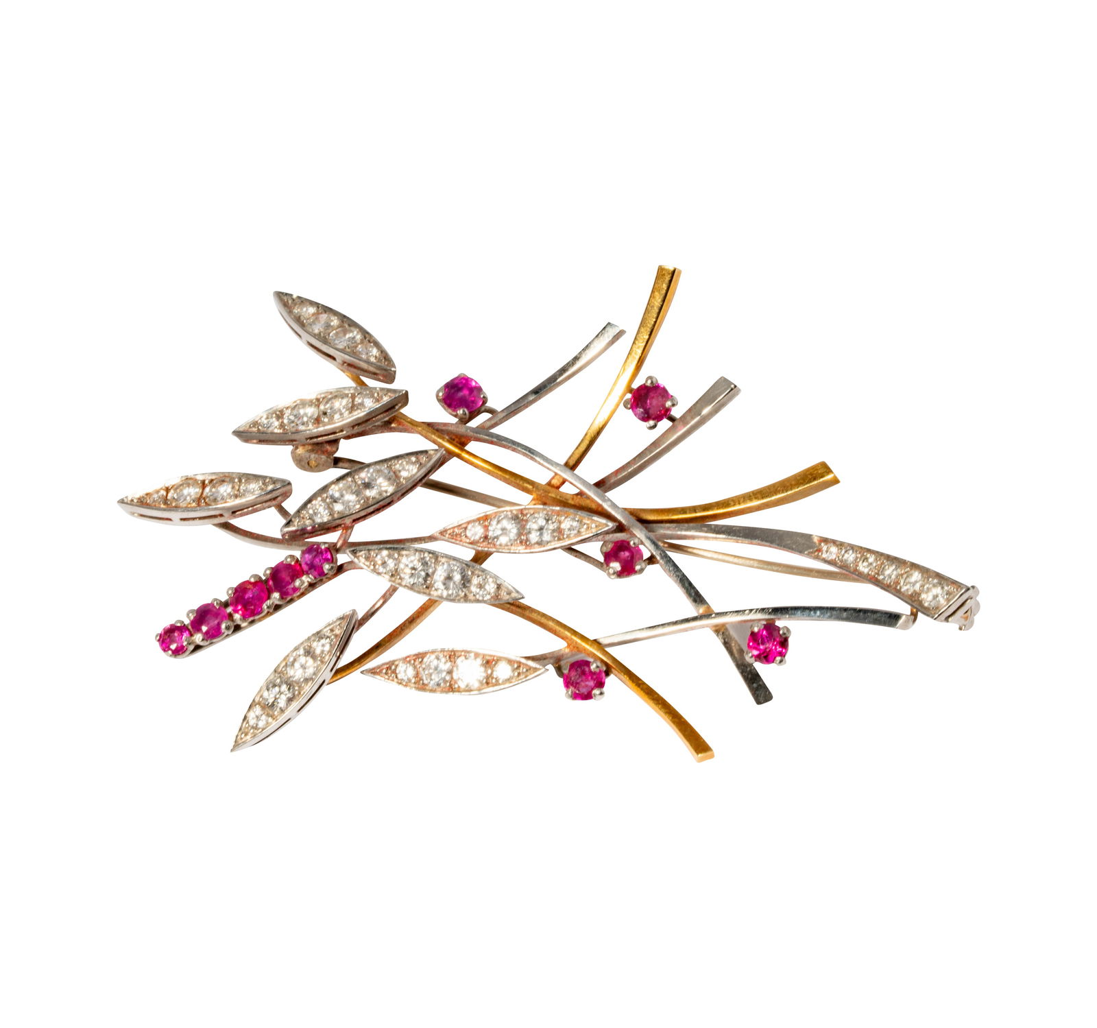 18 Karat Yellow Gold, Platinum, Diamond, & Ruby Brooch: Including one 18 karat and platinum brooch set with 10 round rubies weighing approximately 1.25 carats and set with 30 small round full-cut diamonds[H/SI] weighing 1.65 carats approximately; measuring