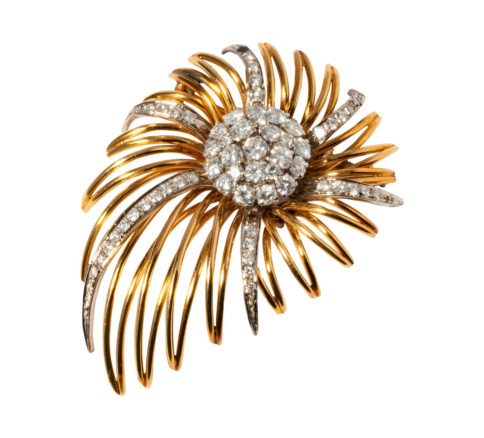 18 Karat Yellow Gold & Diamond Sunburst Brooch: Including one 18 karat diamond sunburst brooch, set with 59 small round full-cut diamonds [G-H/VS-SI] weighing approximately 3.10 carats total; measuring 2 by 1-1/2 inches wide, and weighing 21.3 gram