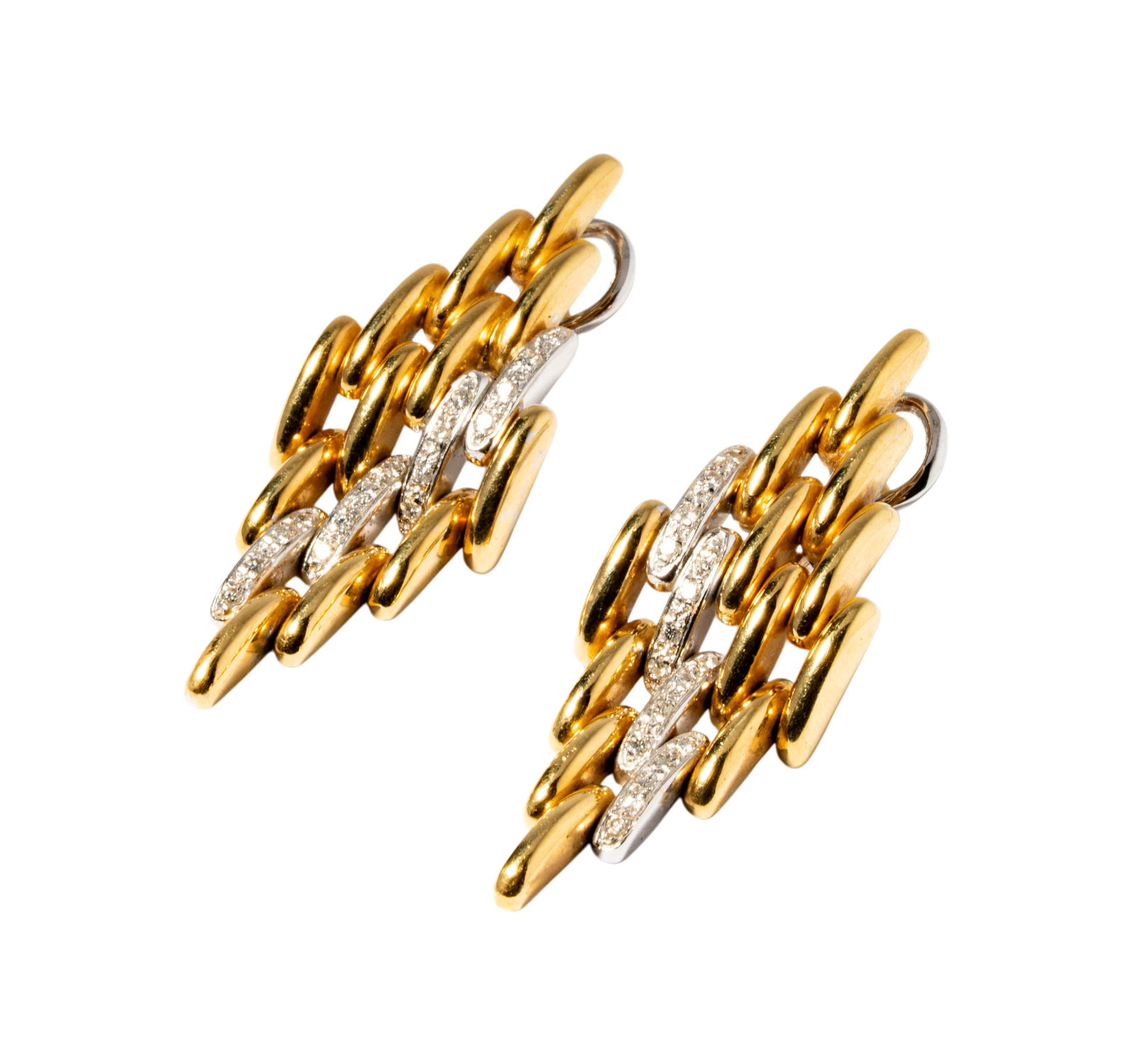 Pair of 18 Karat Yellow Gold & Diamond Earrings: Including one pair of yellow and white gold diamond earrings set with 40 small round diamonds weighing approximately 0.35 carats; earrings measuring 1-3/4 inches long, weighing 16 grams;
