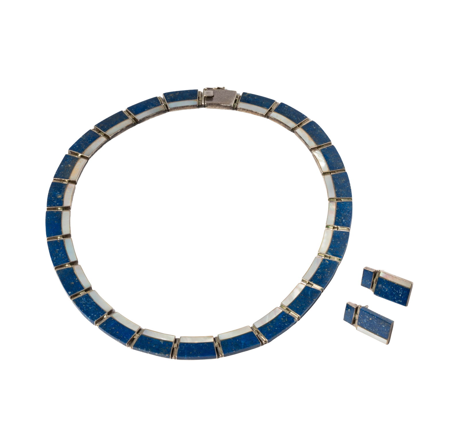 Silver, Lapis, and Mother-of-Pearl, Necklace with Earrings: Including one collar measuring 16-3/4 inches long by 3/8 inches, weighing 66.3 grams;