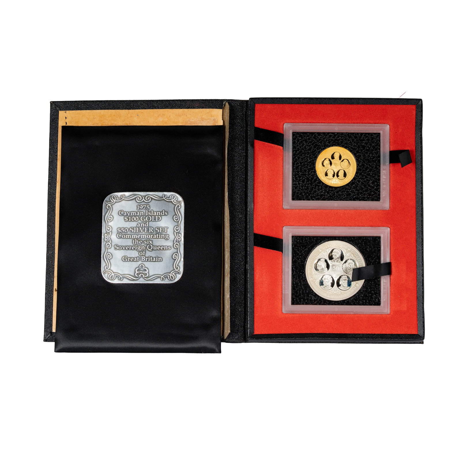 1975 Cayman Islands $100 Gold Coin and $50 Siver Coin: with case and papers (some damage to the case)