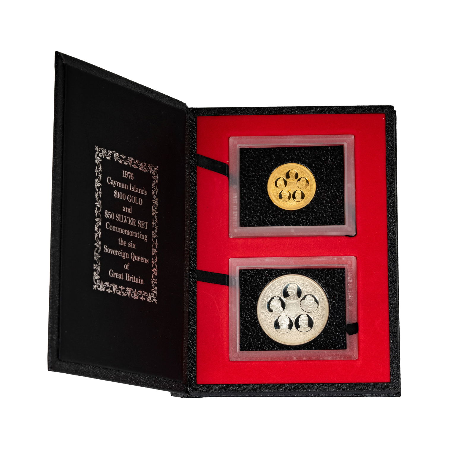 1976 Caymen Islands Gold and Silver Coin Set: 1-$100 Gold Coin and 1-$50 Silver Coin with case and papers