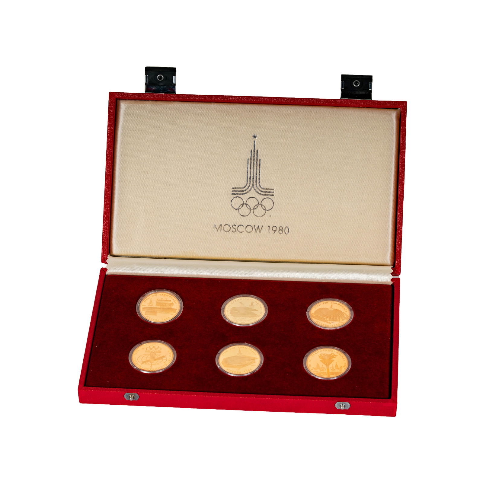 1980 Moscow Olympics 100 Ruble Coin Gold Set: 6 coin set contains 3 troy ounces of gold with case and certificate of authenticity