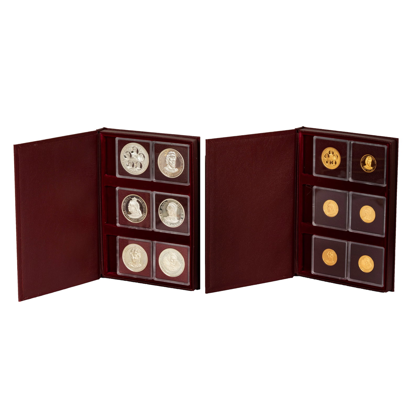 1977 Caymen Islands Silver and Gold Coins Queens Collection: Contains 5-$25 Silver Coins and 1-$50 Silver Coin with 5-$50 Gold Coins and 1-$100 Gold Coin with boxes and certificates of authenticity