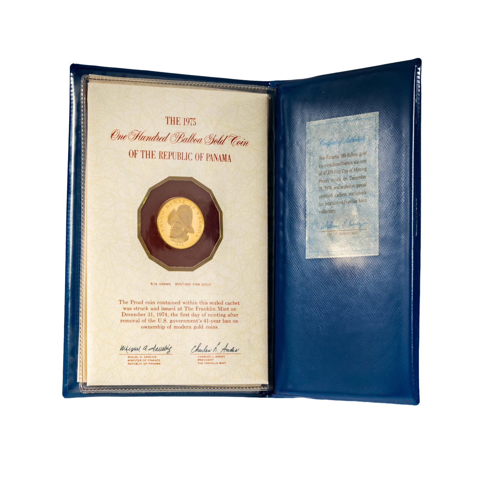 1975 Republic of Panama 100 Balboa Gold Coin: in box with papers
