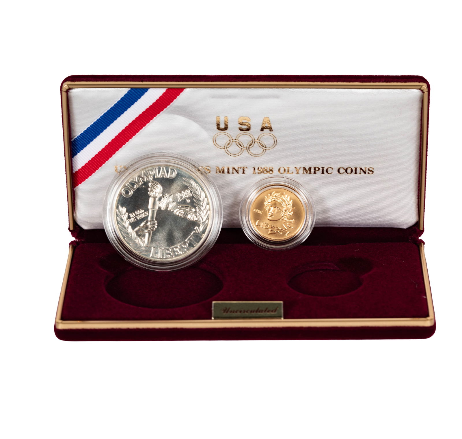 1988 United States $5 Gold Coin and a Silver Dollar: in box with certificate of authenticity