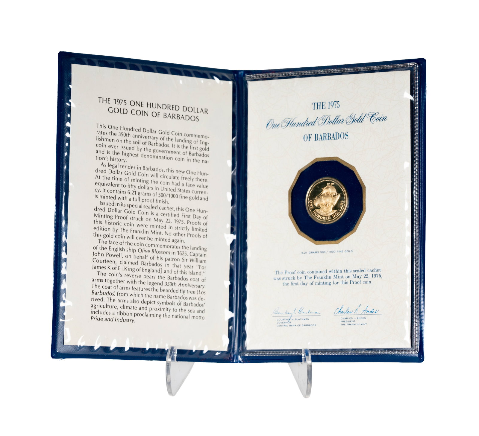 1975 Barbados $100 Gold Coin: in plastic booklet holder