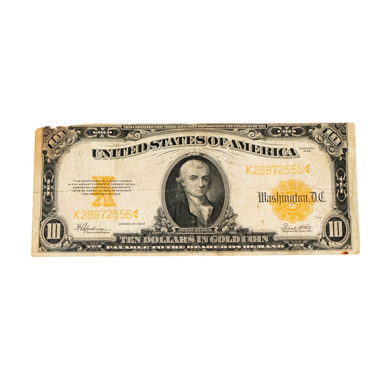 1922 United States $10.00 Gold Certificate Banknote: VG condition with slight tearing upper left