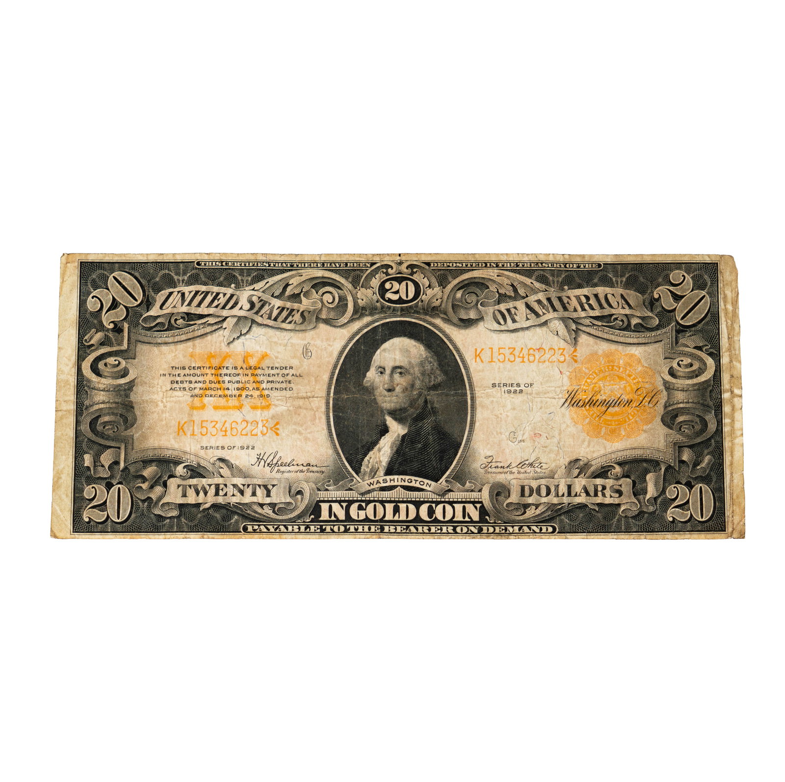 1922 United States $20.00 Gold Certificate Banknote: 1922 United States $20.00 Gold Certificate Banknote