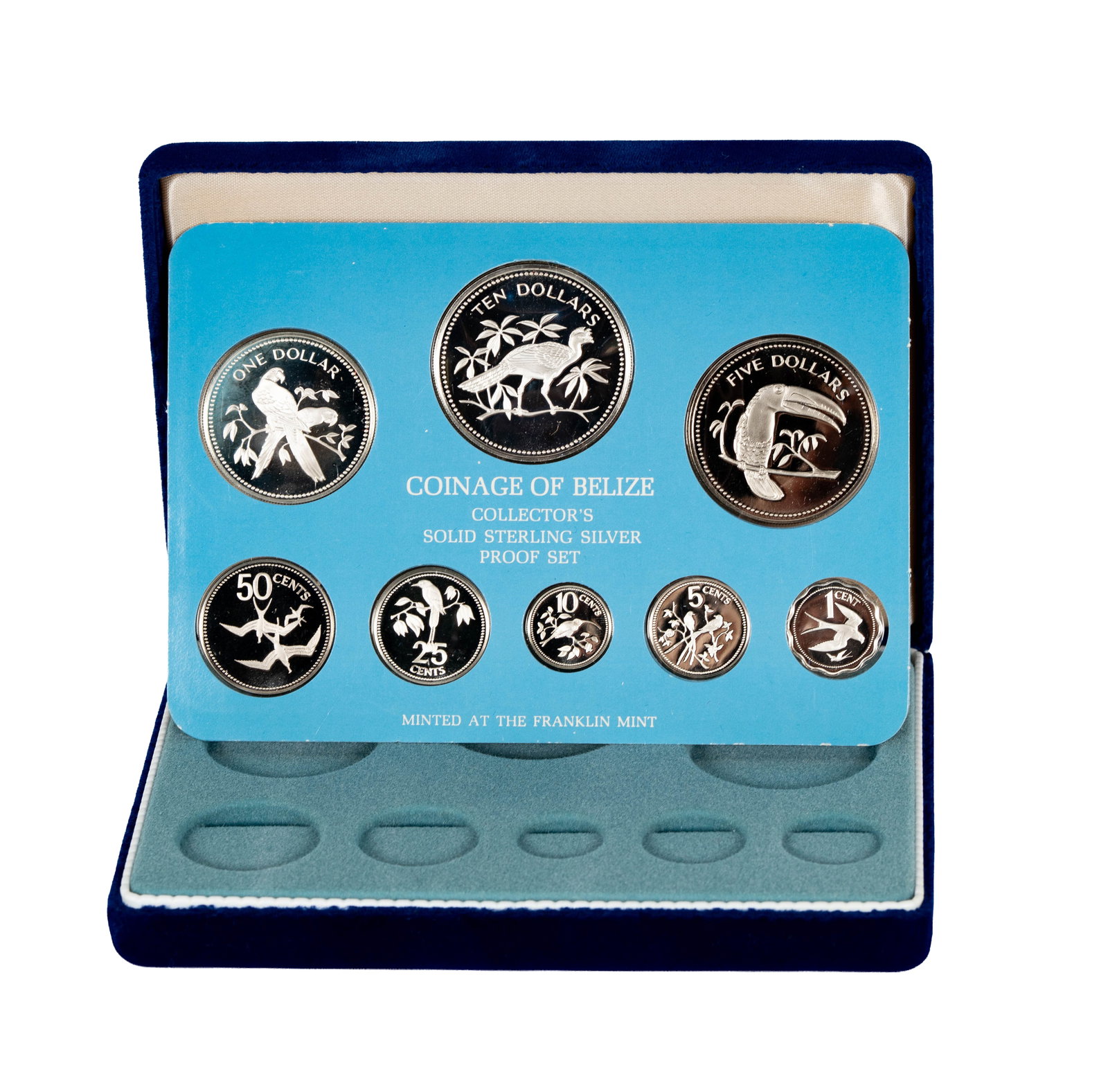 1975 Belize Sterling Silver Coin Set: 8 coins in box with certificate of authenticity and papers