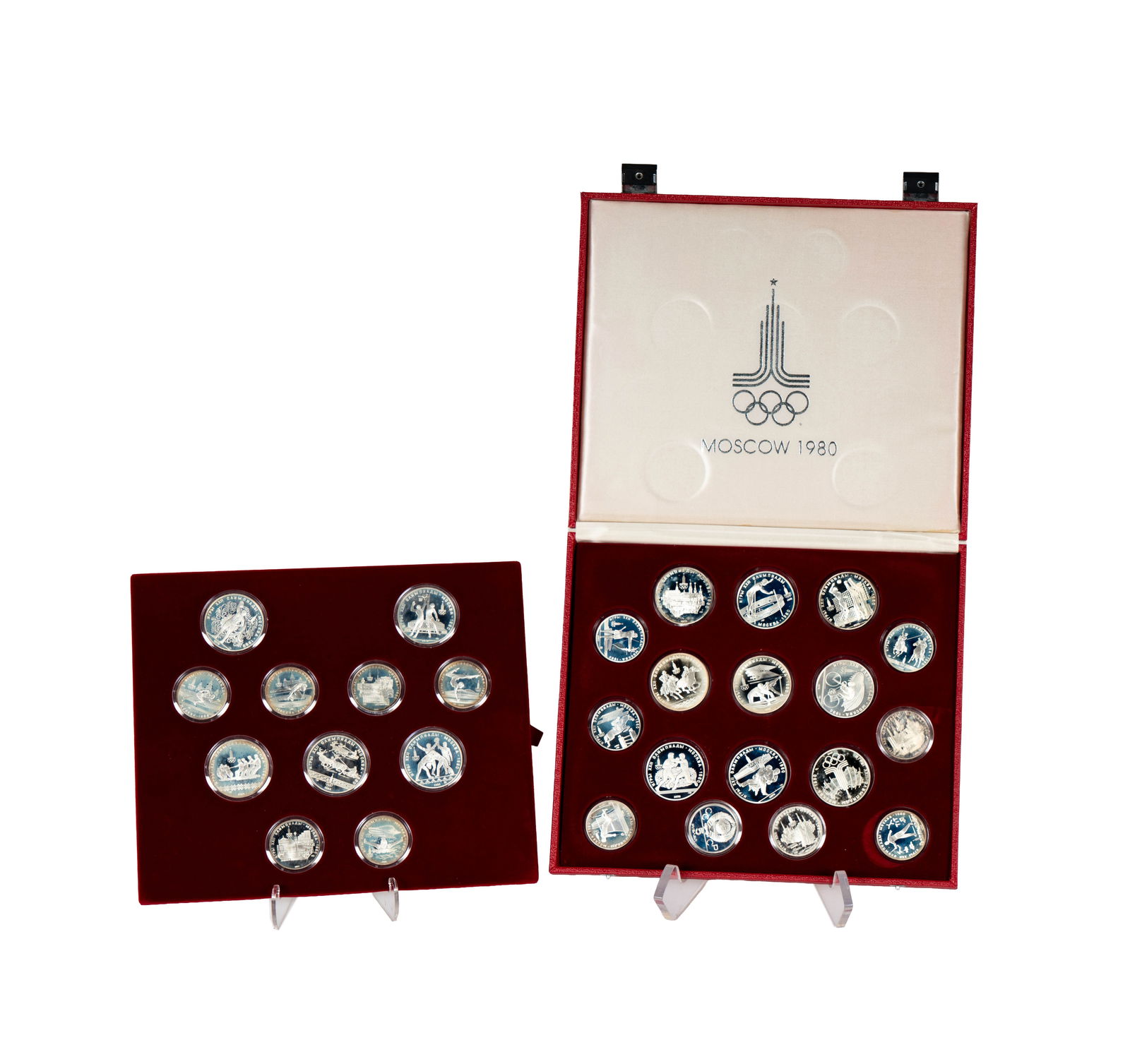 1980 Moscow Olympics 28 coin silver set: over 20 ounces of pure silver in original red box, Some coins are loose from storage. Set is complete.