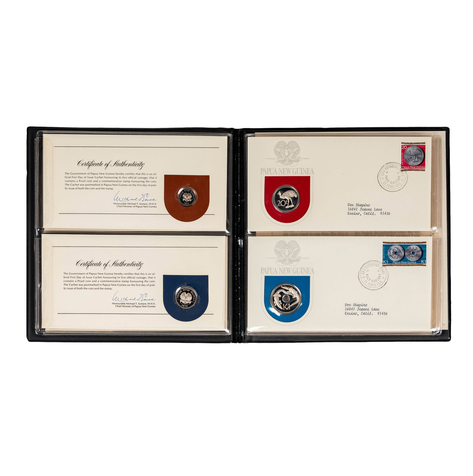 1975 Papua New Guinea Silver Proof Coin Set with First Day Covers: Complete with case and papers