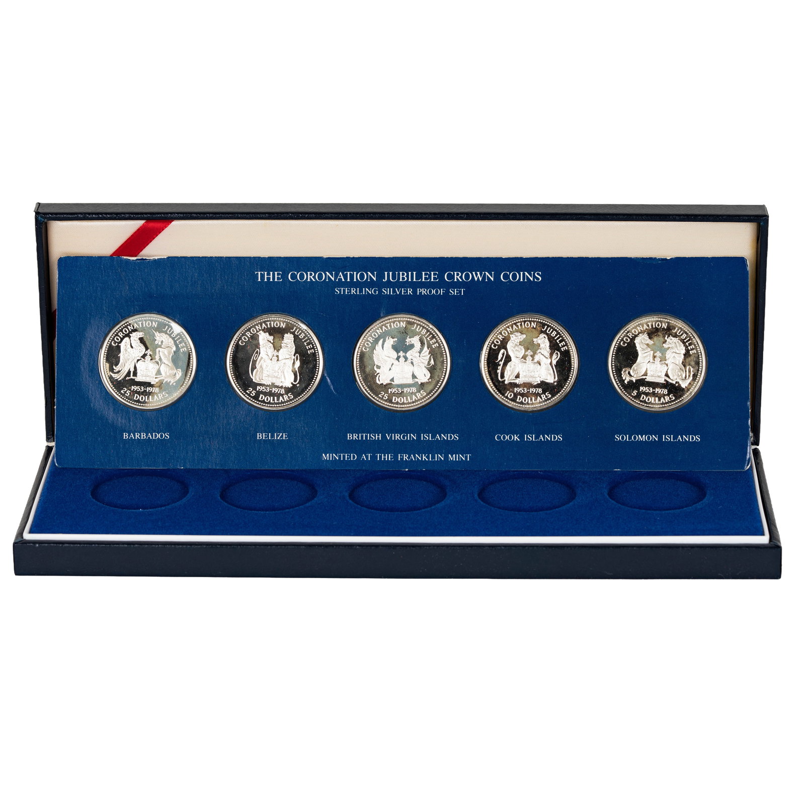 1978 British Virgin Islands Jubilee Silver Crown Proof Set: Coronation Silver Crown Proof Set of 5 coins with original box and papers