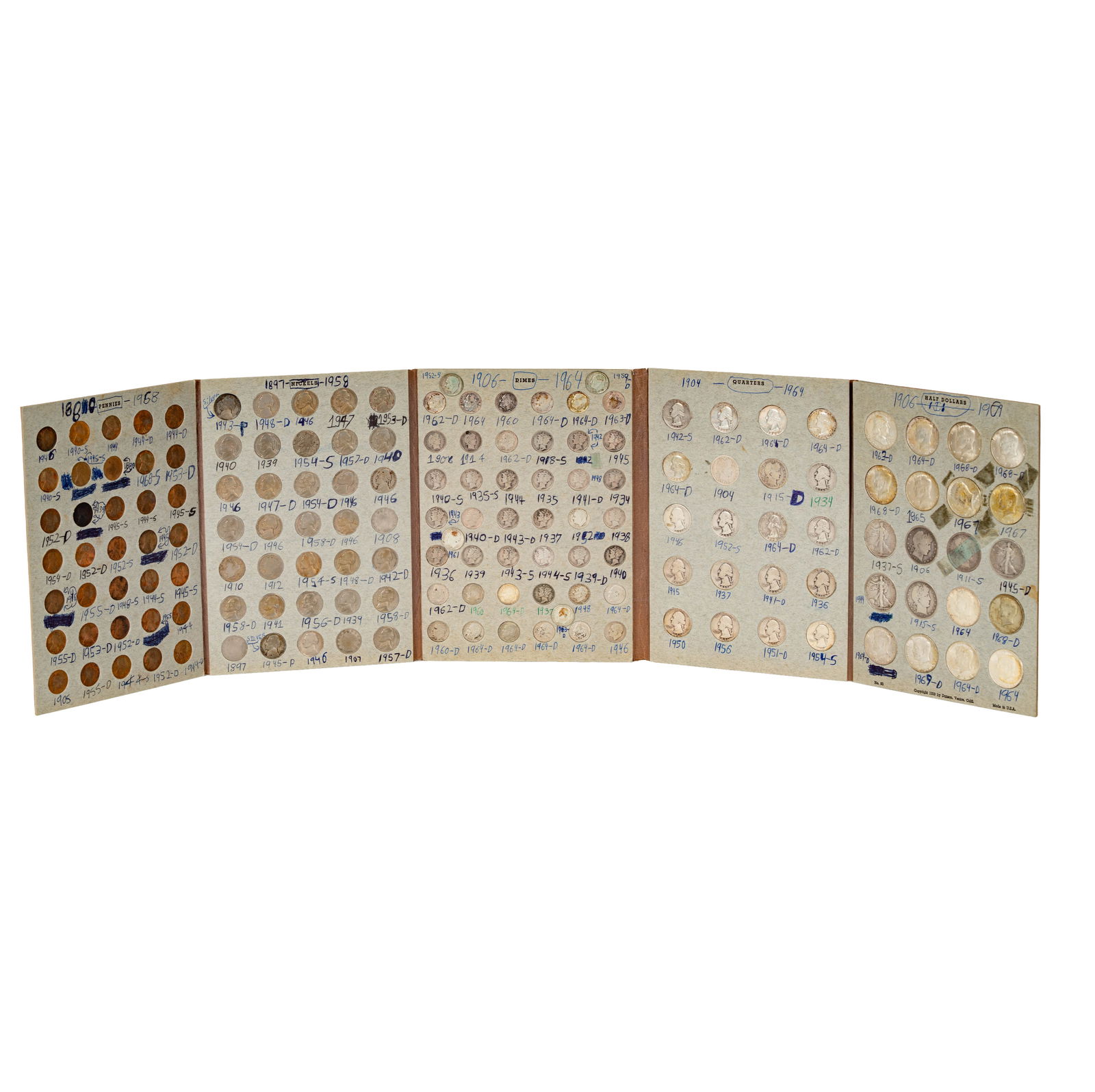 Collection of United States Decimal Coins: 20 half-dollars (silver), 20 quarters (silver), 47 dimes (silver), 35 mickels, 35 pennies