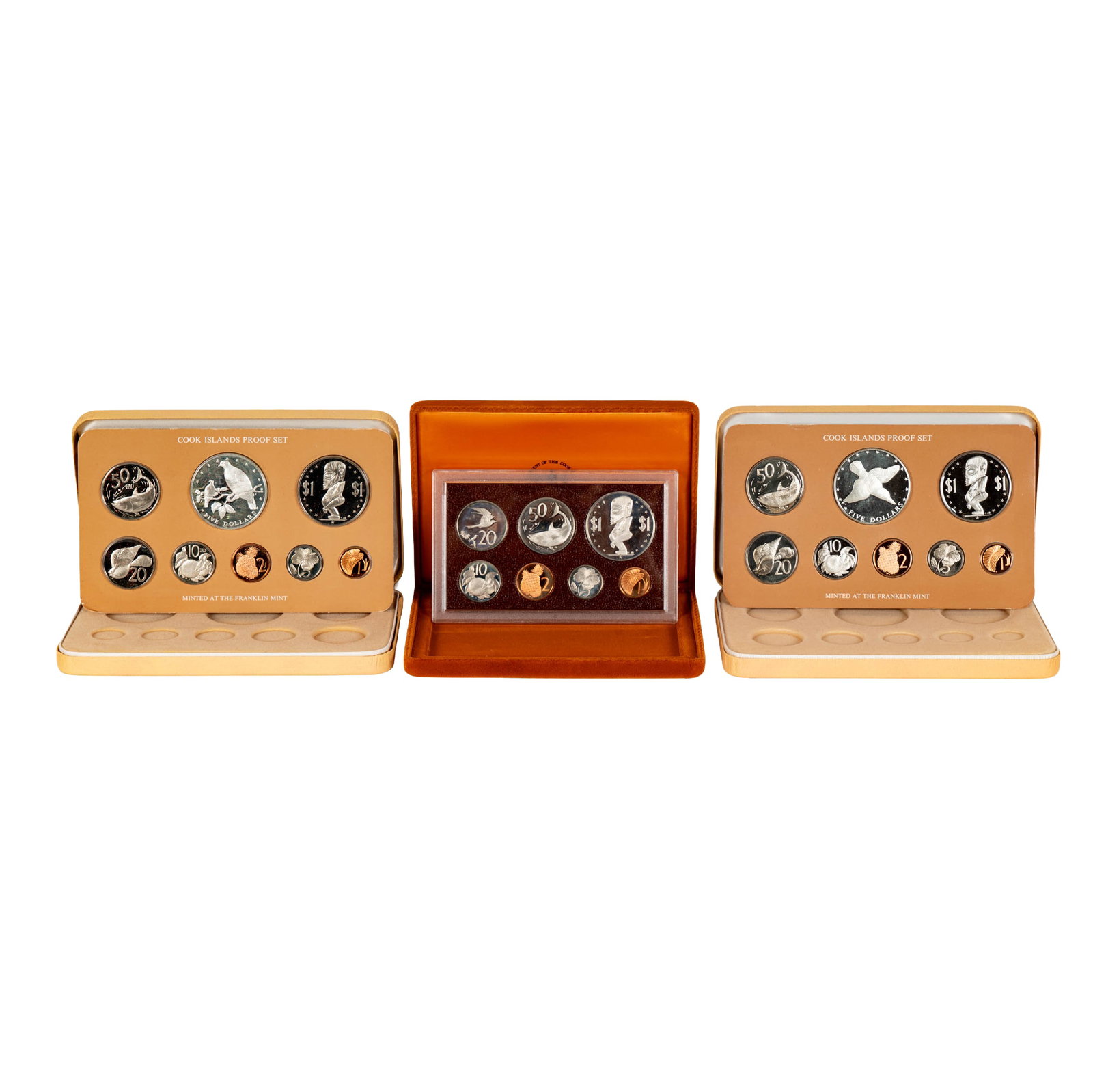 3 Cook Islands Proof Sets: 1-1975, 1976, 1-1979 all with boxes and papers.