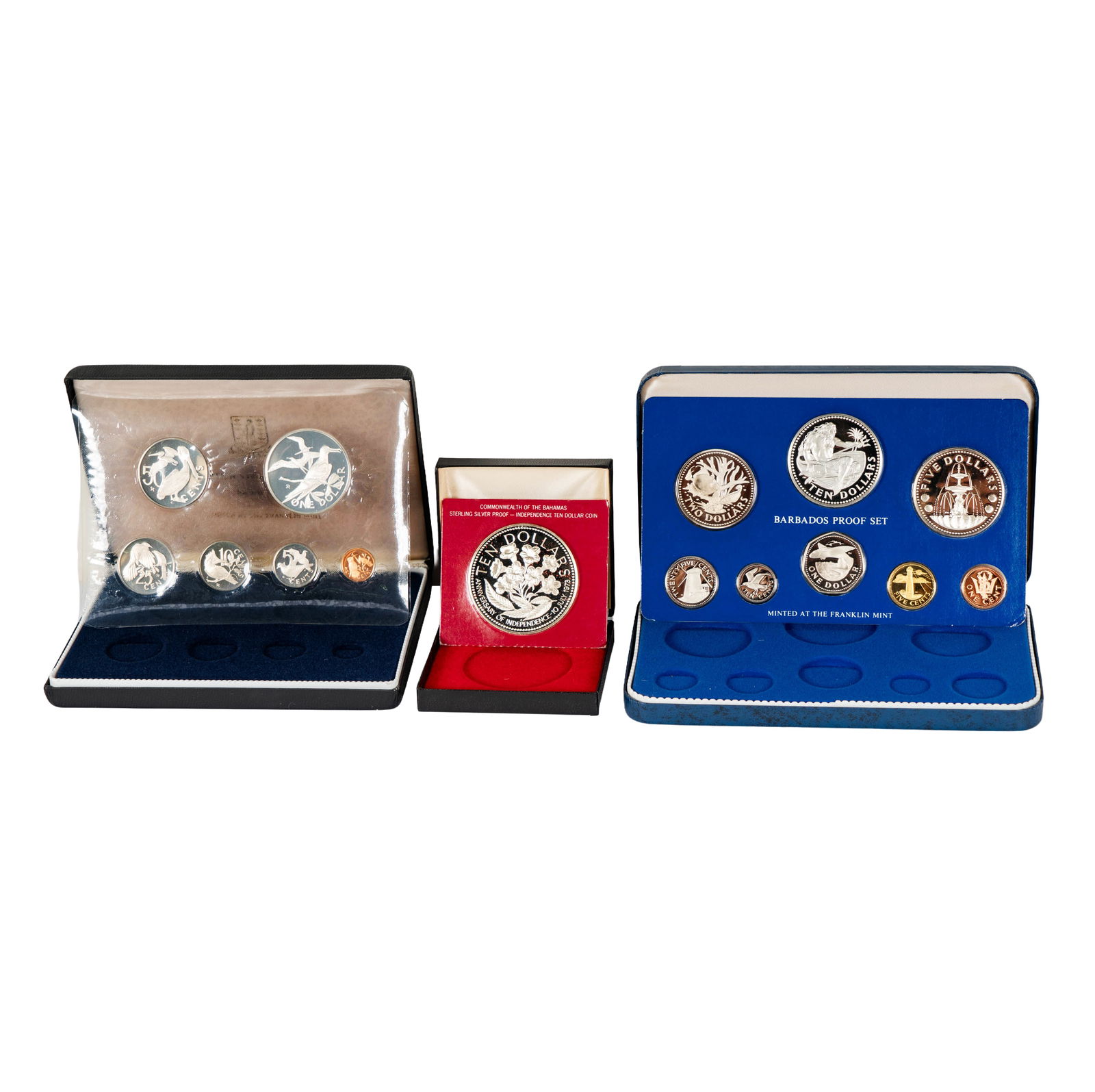 Collection of World Proof Sets and a Proof Coin: 1-1976 Bahama $10 Silver Proof Coin in box with certificate of authenticity, 1-1975 Barbados 8 coin Silver Proof set in box with certificate of authenticity, 1-1974 British Virgin Islands Proof set in