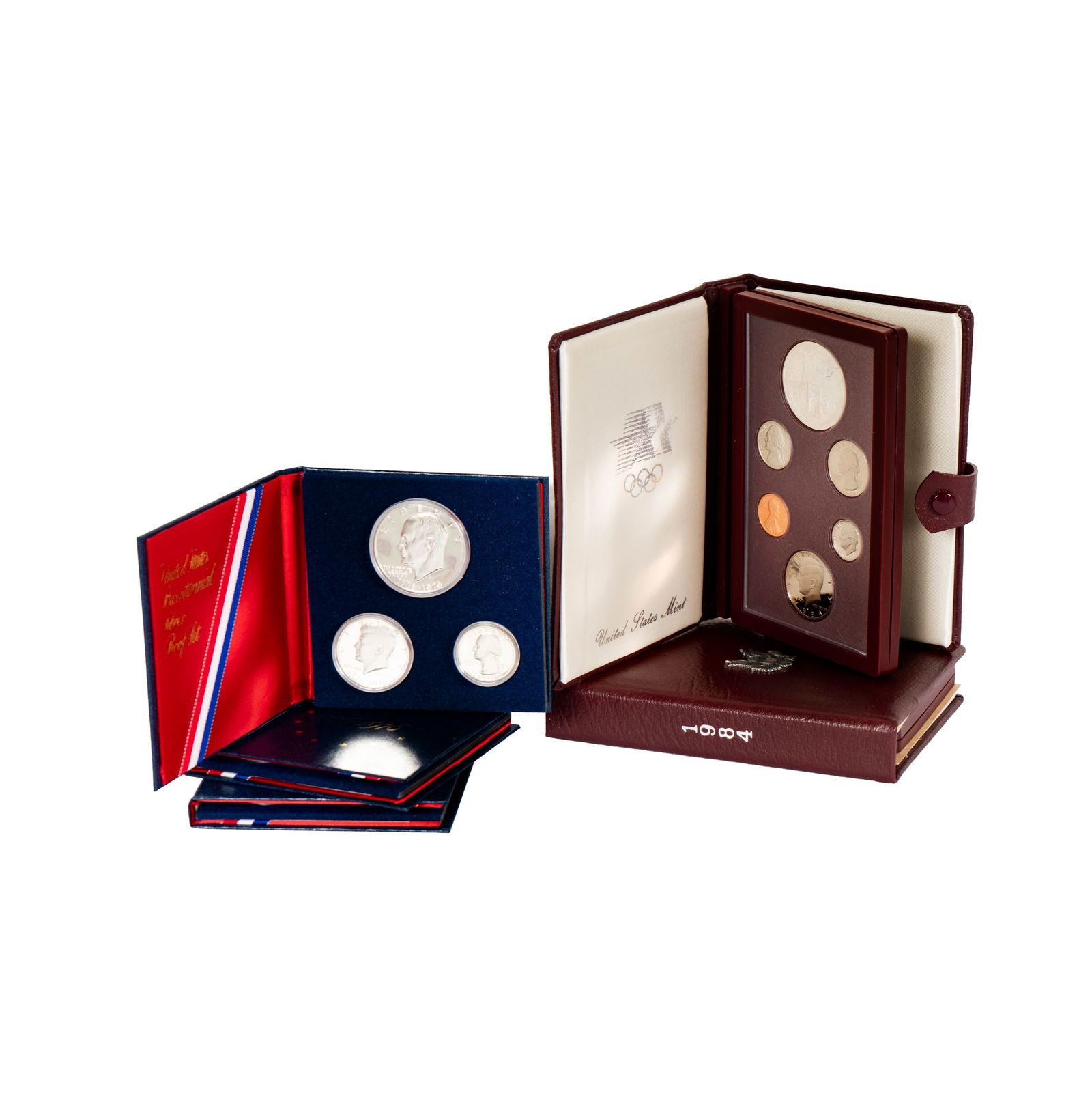 Collection of 5 United States Proof Sets: 2-1984 US Olympic 6 coin proof sets with boxes and papers, 3-1976 Bicentennial Silver Proof Sets with boxes and papers.