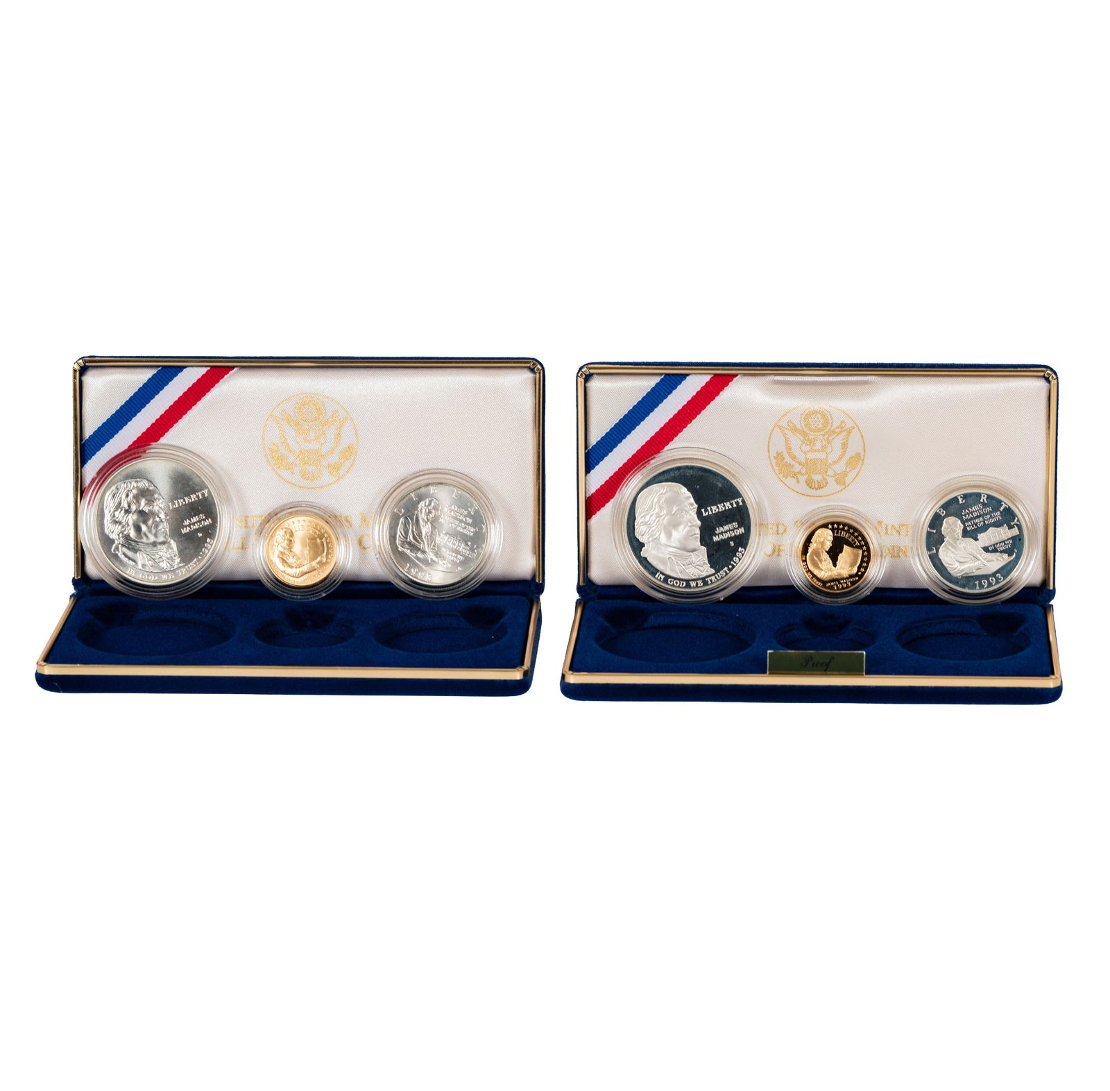 1993 US Bill of Rights Commemorative 3 Coin Set: There are 2 sets. Each set contains a $5 Gold coin and 1 silver dollar and 1 silver half-dollar. Total 6 coins.