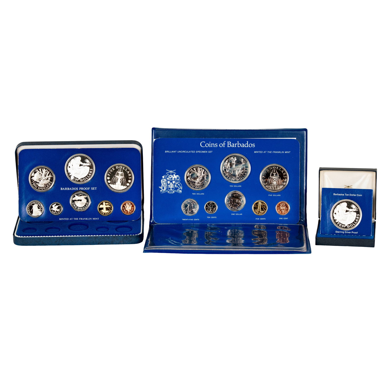 Collection of Barbados Coins: 1-1975 Silver $10 Proof coin, 1-1977 Silver Proof set (8 coins), 1-1980 Uncirculated set (8 coins).