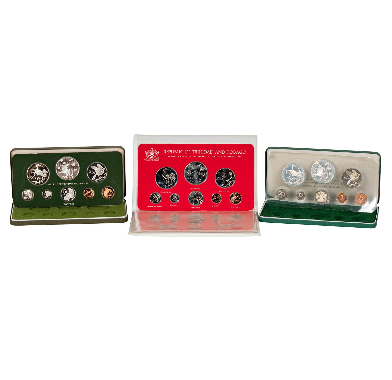 Collection of Trinidad and Tobago Coins: 1-1972 8 coin proof set, 1-1977 8 coin proof set, 1-1980 8 coin uncirculated set.