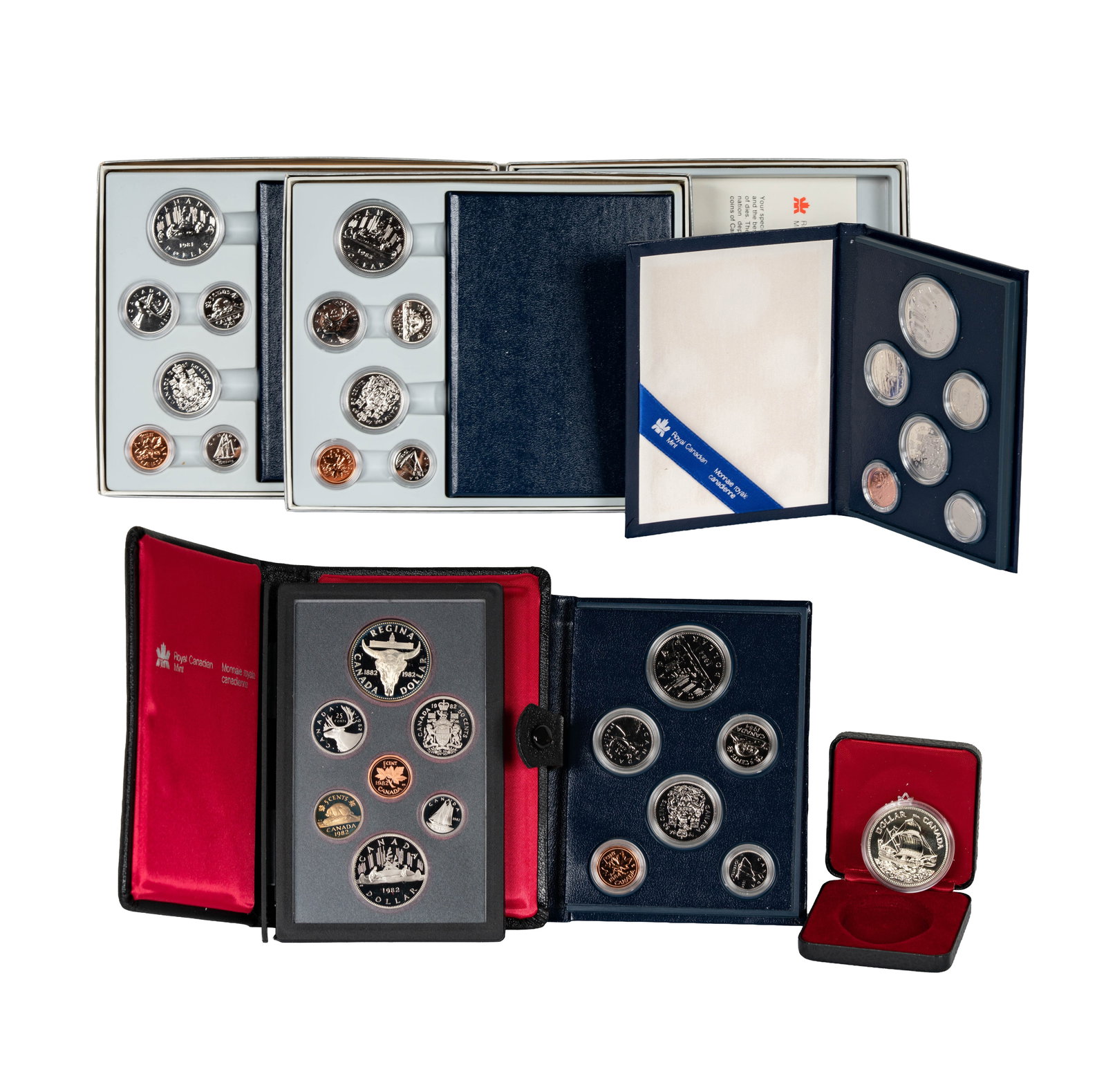 Coins of Canada: 1-1981, 1982, 1983, 1984 Prooof Sets, 1-1982 Proof Set with Silver Dollar and Nickel Dollar, 1-1979 Proof Silver Dollar in case