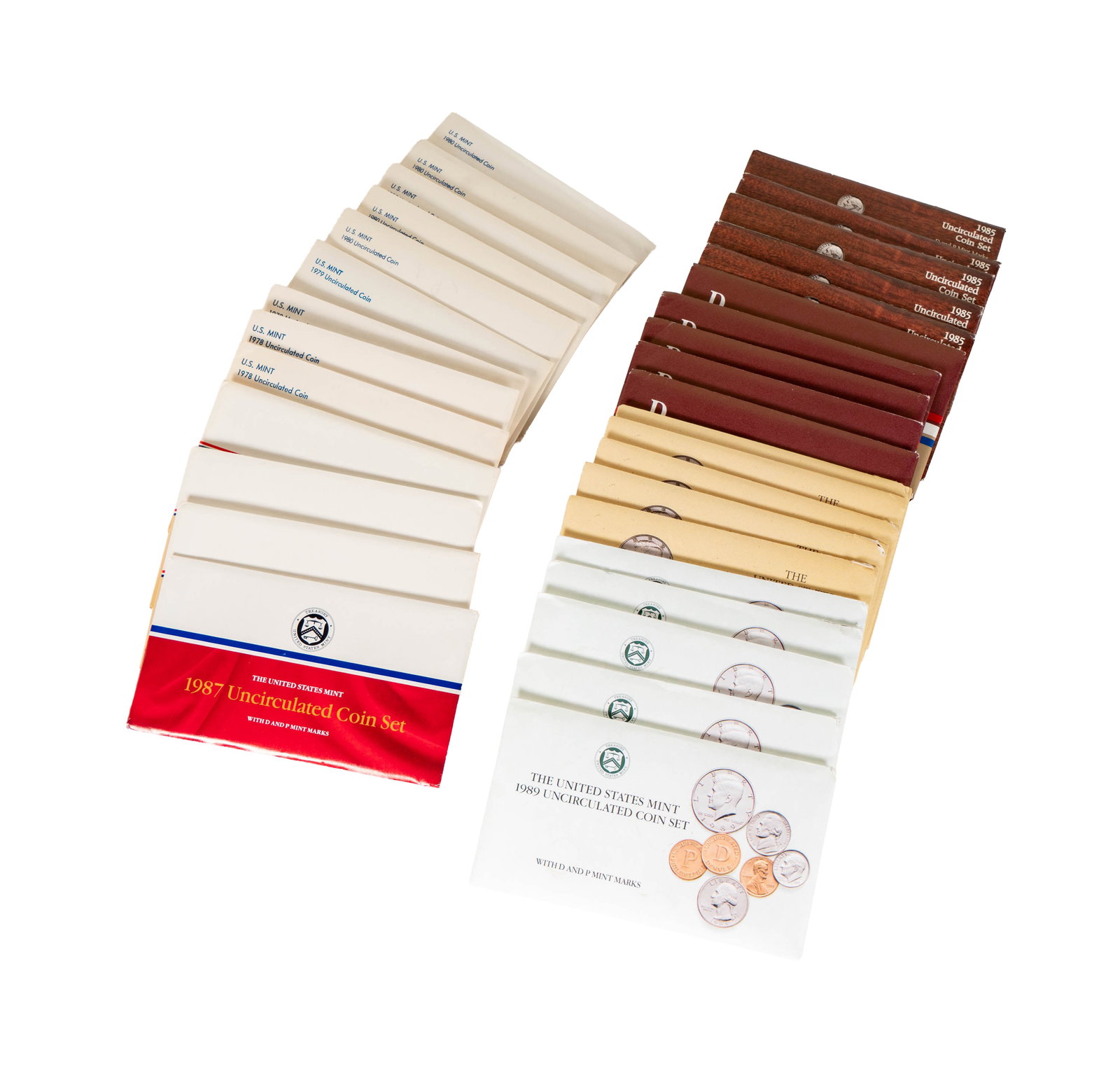 Collection of 68 United States Uncirculated Coin Sets: 4-1978,1-1979, 5-1980, 5-1984, 5-1985, 3-1986, 1-1987, 5-1989, 5-1990 all envelopes have 2 sets inside.