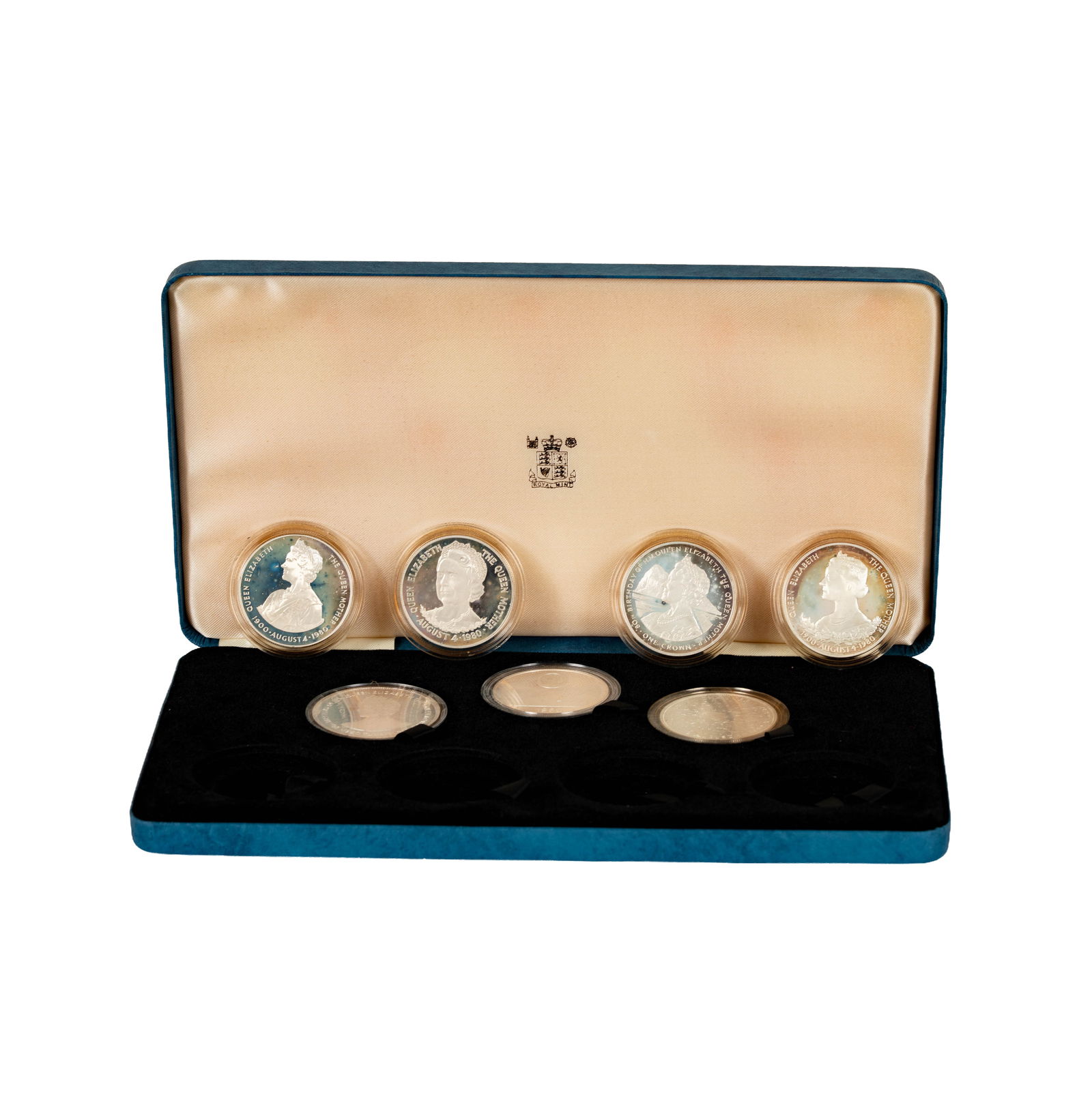 Great Britain 80th Commemorative Crown Set: featuring QEII and the Queen Mother 7 pieces silver