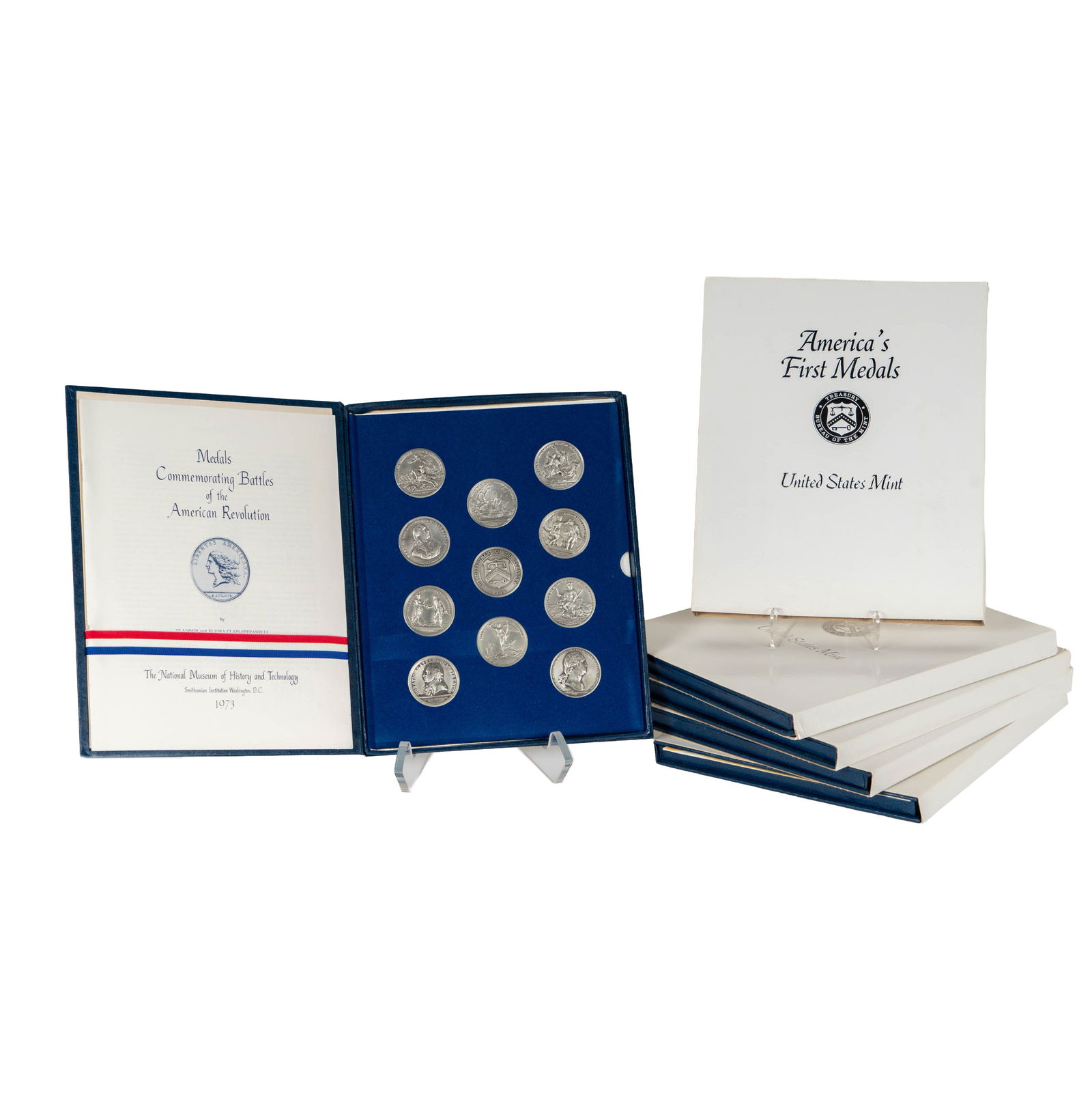 Complete Sets of America's First Medal: 5 sets from United States Mint. 11 Pewter medals with book, box and slipcover in each set