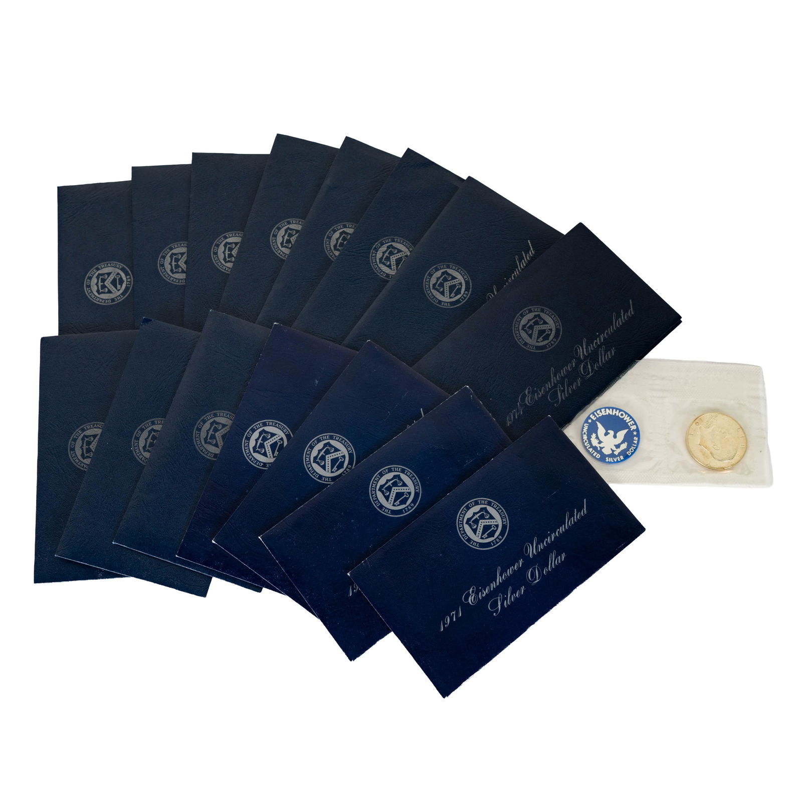 Collection of 16 United States Silver Dollars: 4-1971, 3-1972, 4-1973, 5-1974 in original blue envelopes