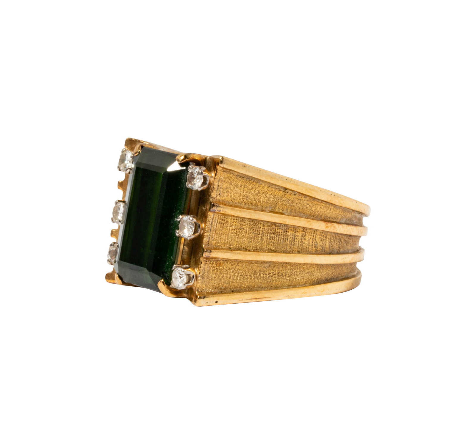 18 Karat Yellow Gold Tourmaline and Diamond Ring: Including one chrome tourmaline and diamond ring, center set with one emerald cut green tourmaline weighing approximately 3.30 carats, accented with 6 small round diamonds weighing approximately 0.20