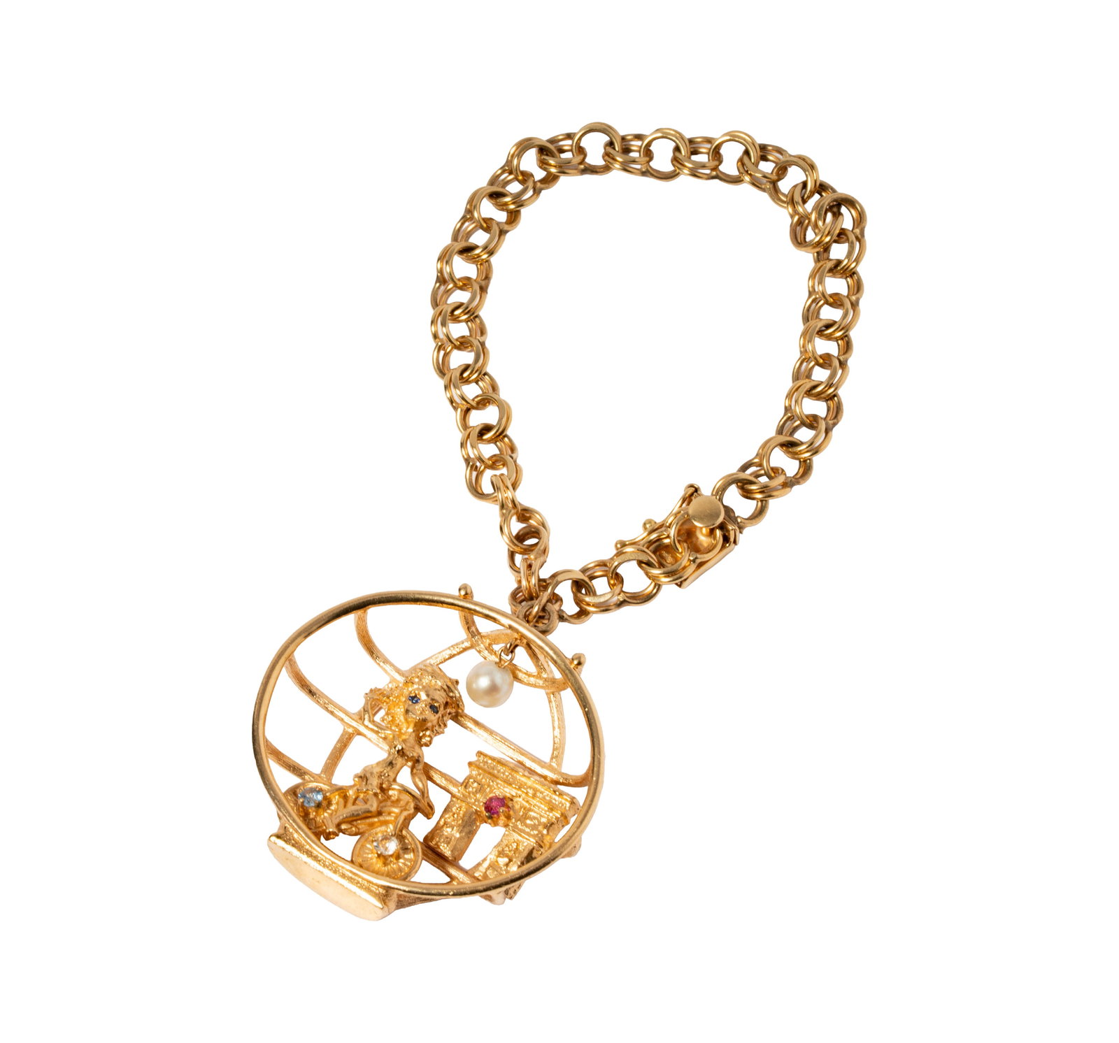14 Karat Yellow Gold Charm Bracelet: One 14 karat bracelet including one William ruser style charm; measuring 6-3/4 inches long, charm measuring 1-9/16 inches tall; weighing 26.6 grams;