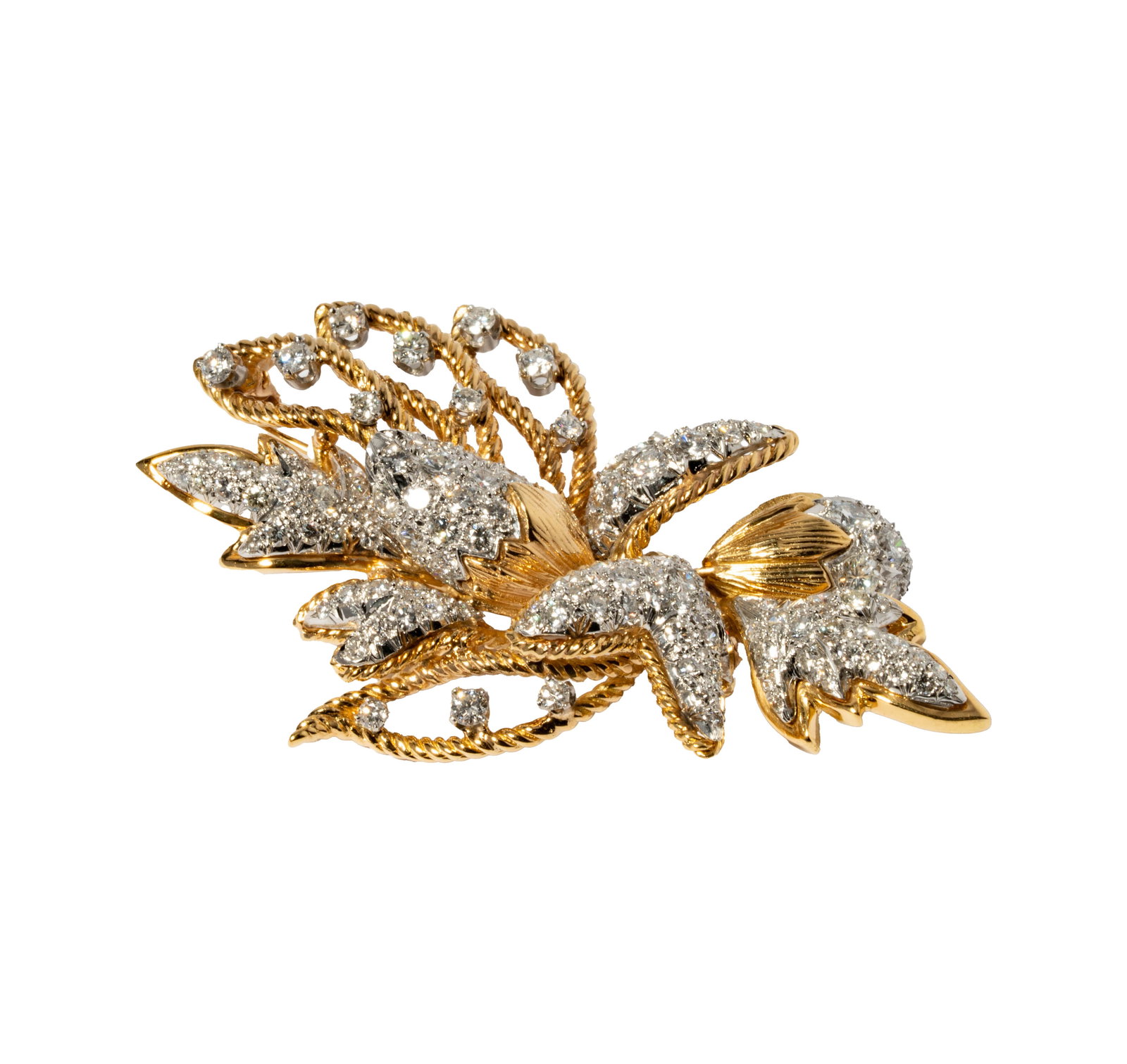 Vintage 18 Karat Gold and Diamond Foliage Brooch: Including one vintage 18 karat gold and diamond acorn brooch, set with 145 small round full-cut diamonds [H/SI] weighing approximately 5.25 carats; measuring 2-1/2 inches long by 1-1/2 inches wide; we