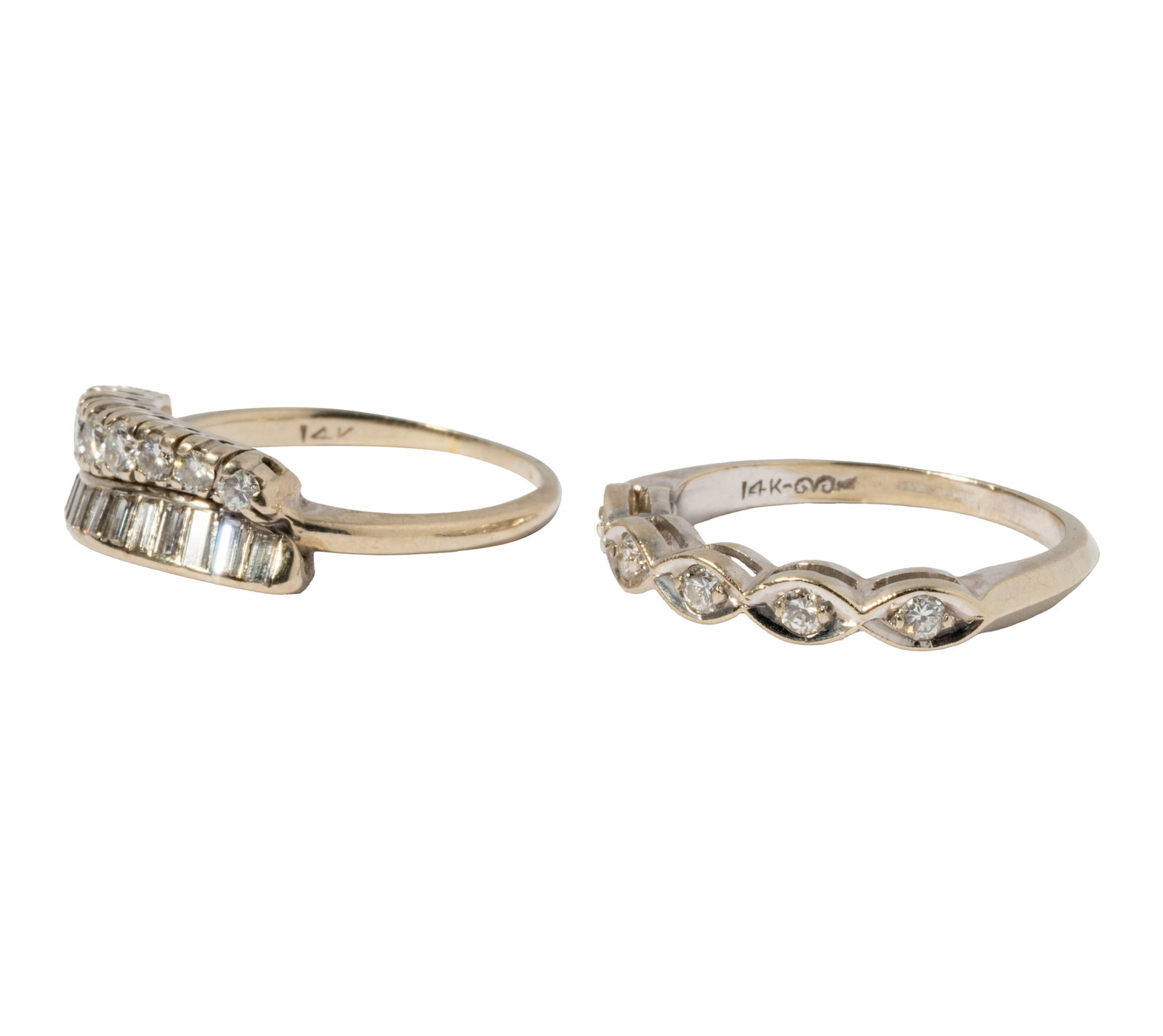 Two 14 Karat White Gold Diamond Rings: Including two 14 karat white gold rings set with 27 small mixed-cut diamonds weighing approximately 0.60 carats; one double row diamond ring size: 6, other size:6-1/2, together weighing 5.1 grams;