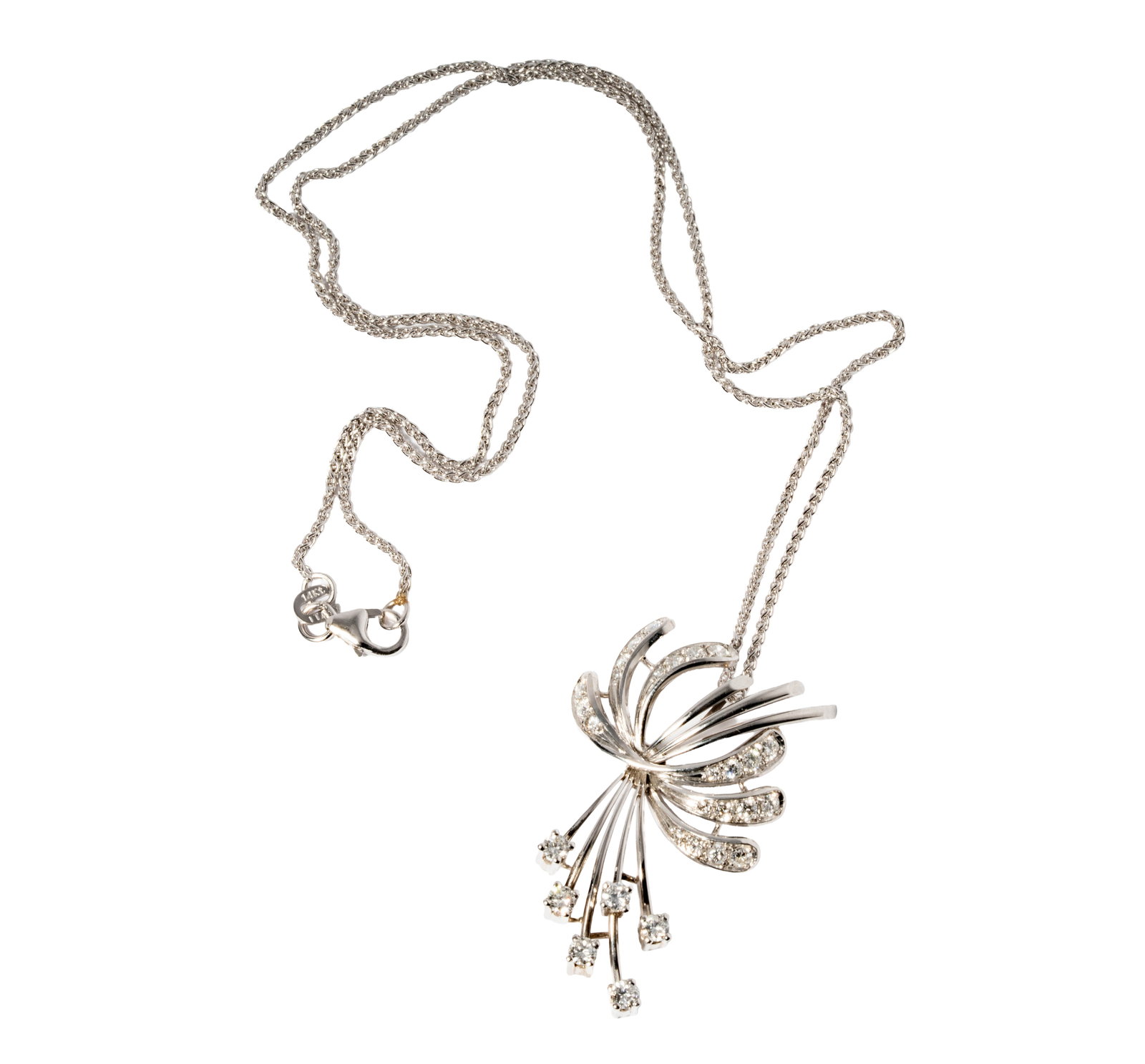 Sander 14 Karat White Gold and Diamond Chain with Pendant: Including one 14 karat white gold and diamond necklace, set with 29 small full-cut diamonds [H-I/VS-SI] weighing approximately 1 carat total; chain 17-1/2 inches long and weighing 9.3 grams;