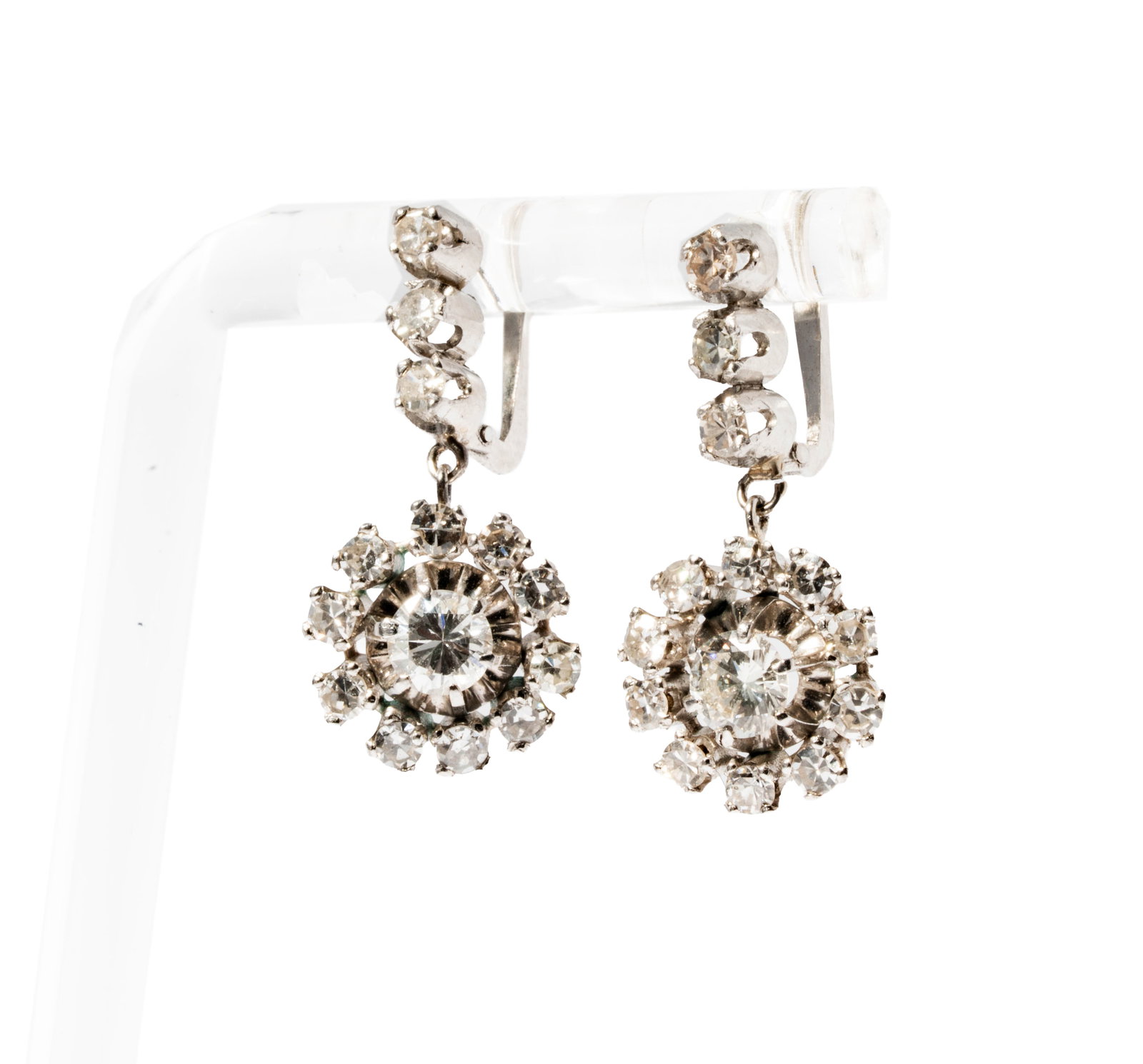 Platinum Diamond Drop Earrings: set with 28 small round mixed-cut diamonds [G-H/VS2] weighing approximately 2.35 carats; earrings measuring 25.80mm tall, and weighing 6.4 grams;