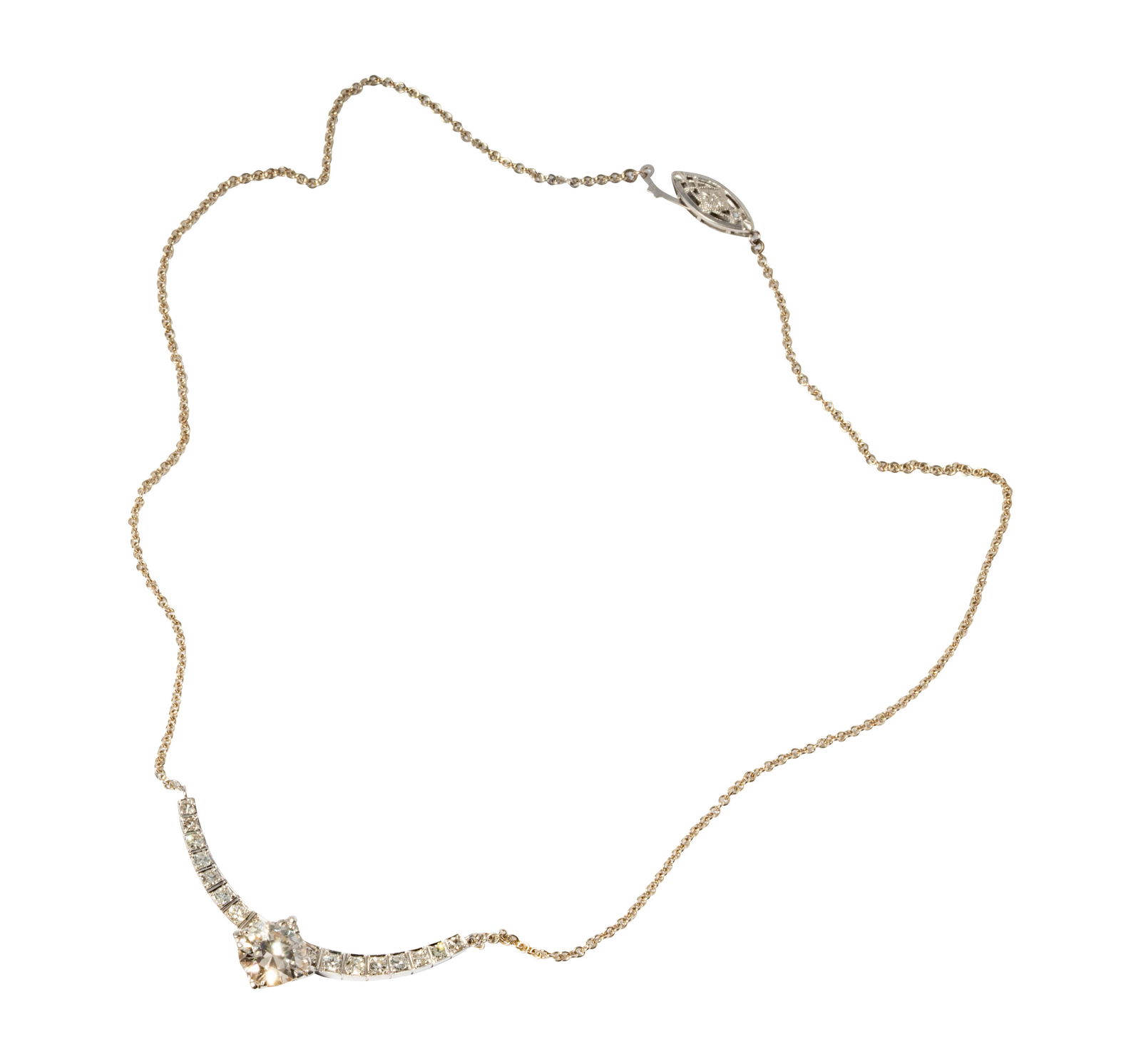 14 Karat White Gold Diamond Necklace: Including one old European-cut diamond [J/SI] weighing approximately 1.71 carats, with an attached semi-circle of sixteen round brilliant-cut diamonds weighing a total of approximately 0.32 carats; ne