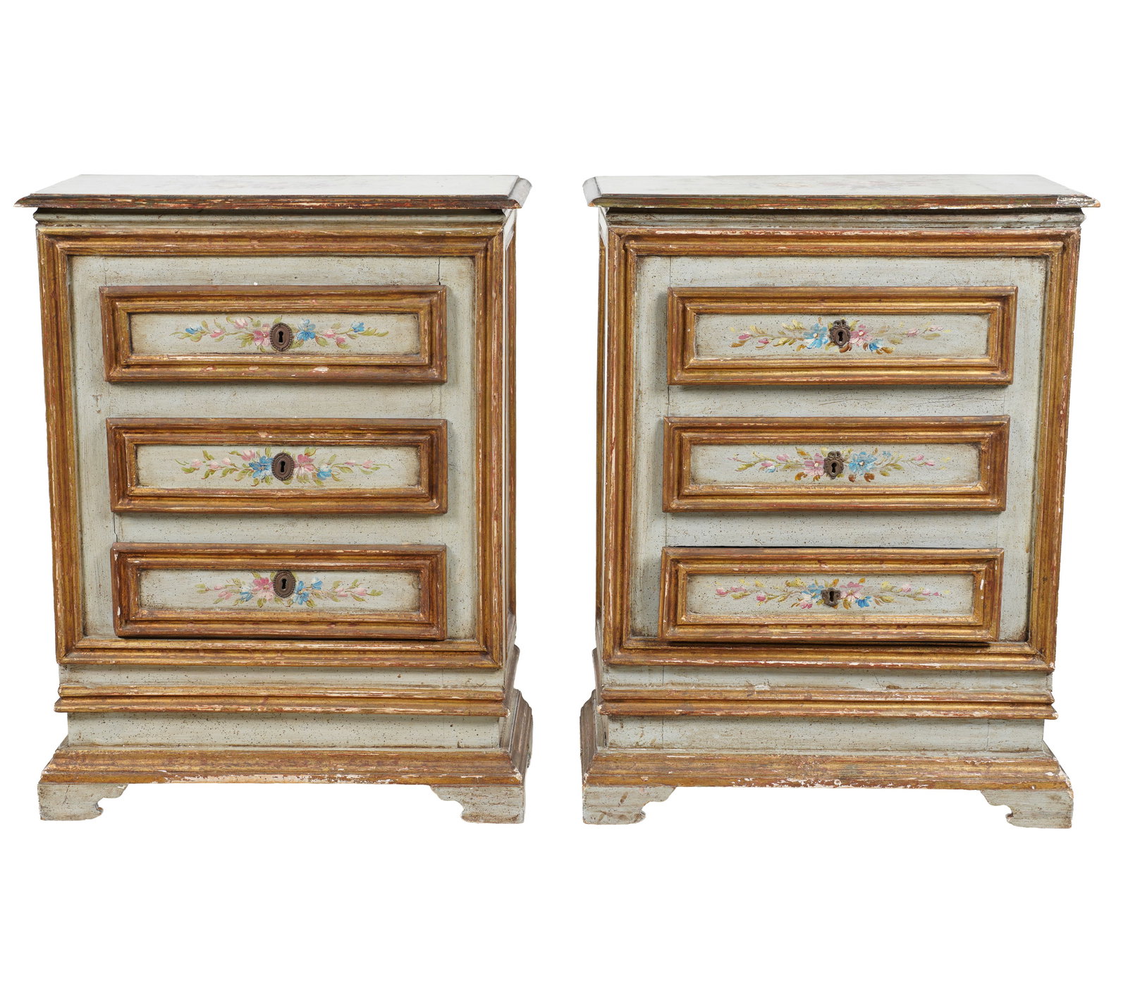 Pair of Italian Painted Commodes: with key, 31 1/2 x 24 1/2 x 10 3/4 in.