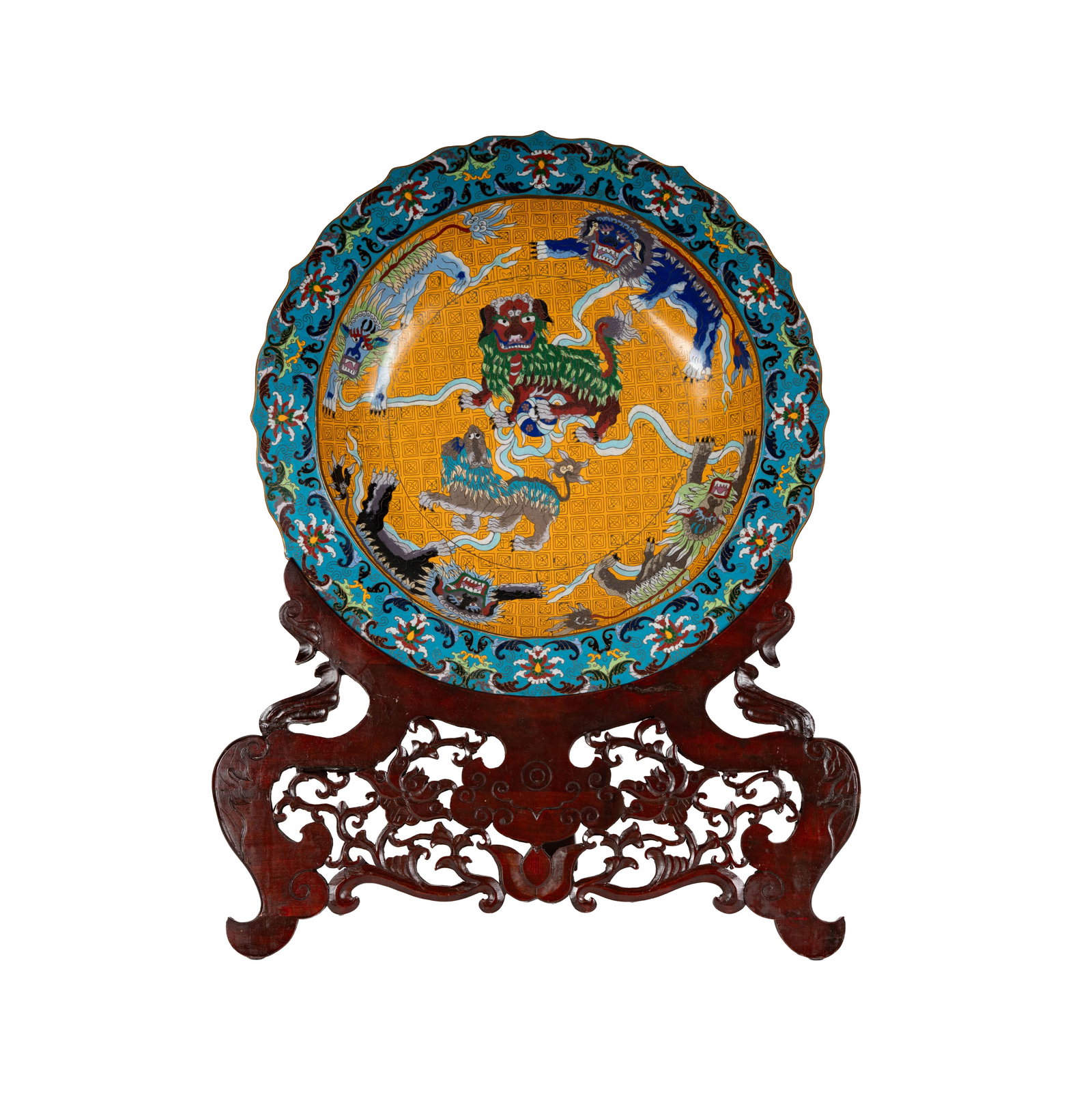 Chinese Cloisonne Charger on Carved Wood Stand: 21 in. dia., overall: 30 1/2 in. high