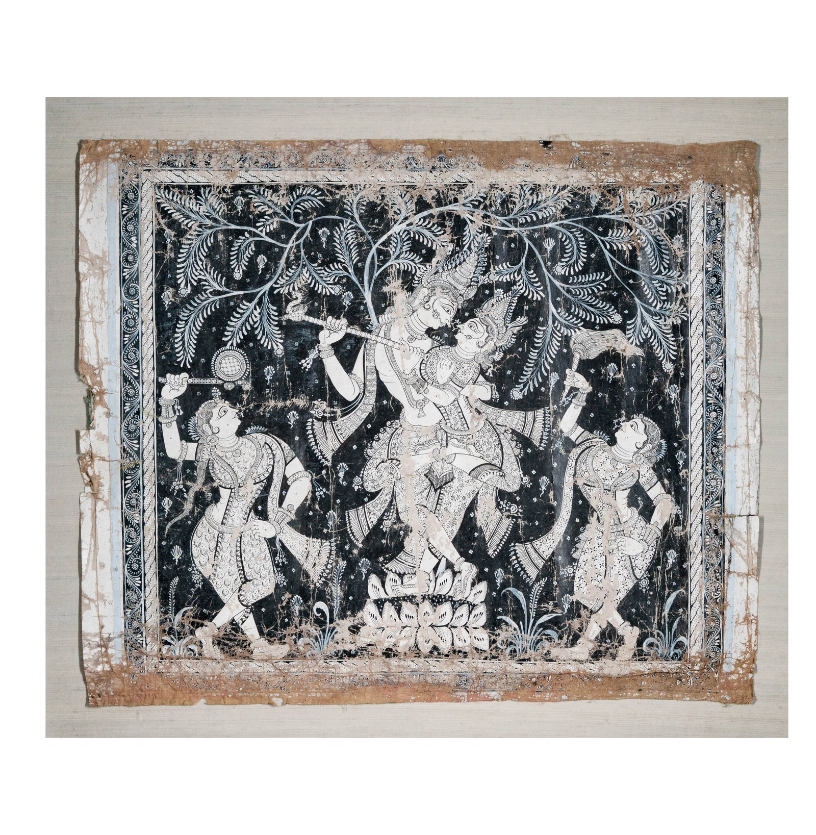 Indian Pattachitra Painting: depicting Radha and Krishna, pigment on cloth, 29 1/2 x 35 1/2 in., frame: 38 x 44 in.