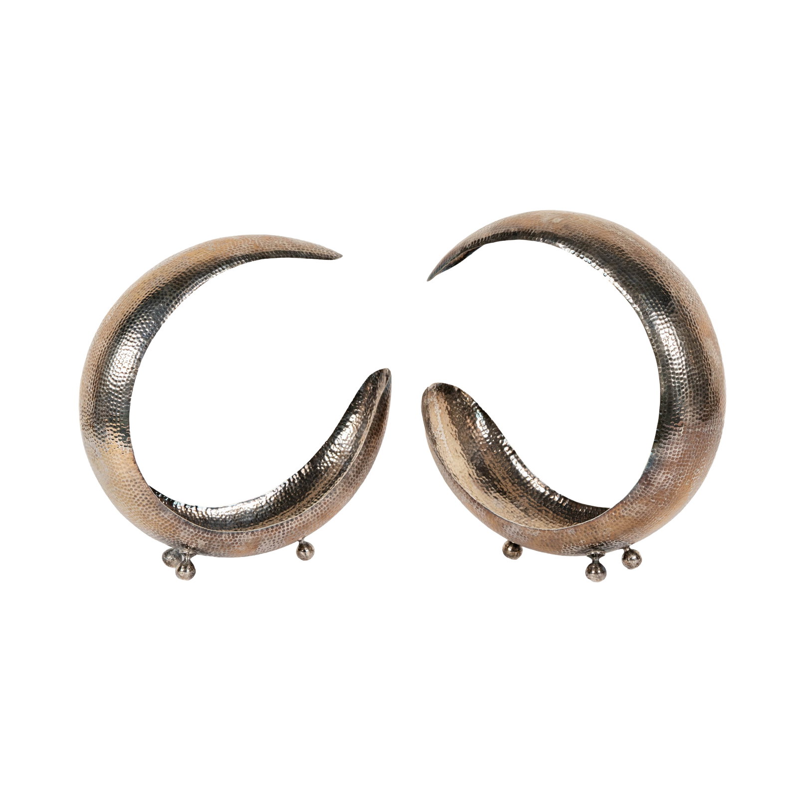 Pair of Hammered Sterling Crescent-Shaped Bowls: 12 x 10 1/2 x 3 3/4 in.