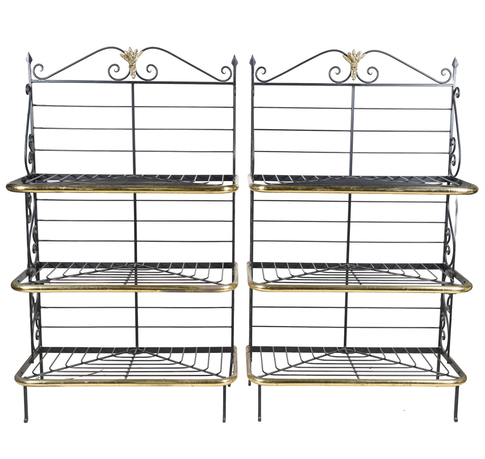 Pair of Iron and Brass Baker's Racks: with glass shelves, 65 x 38 1/4 x 19 3/4 in.