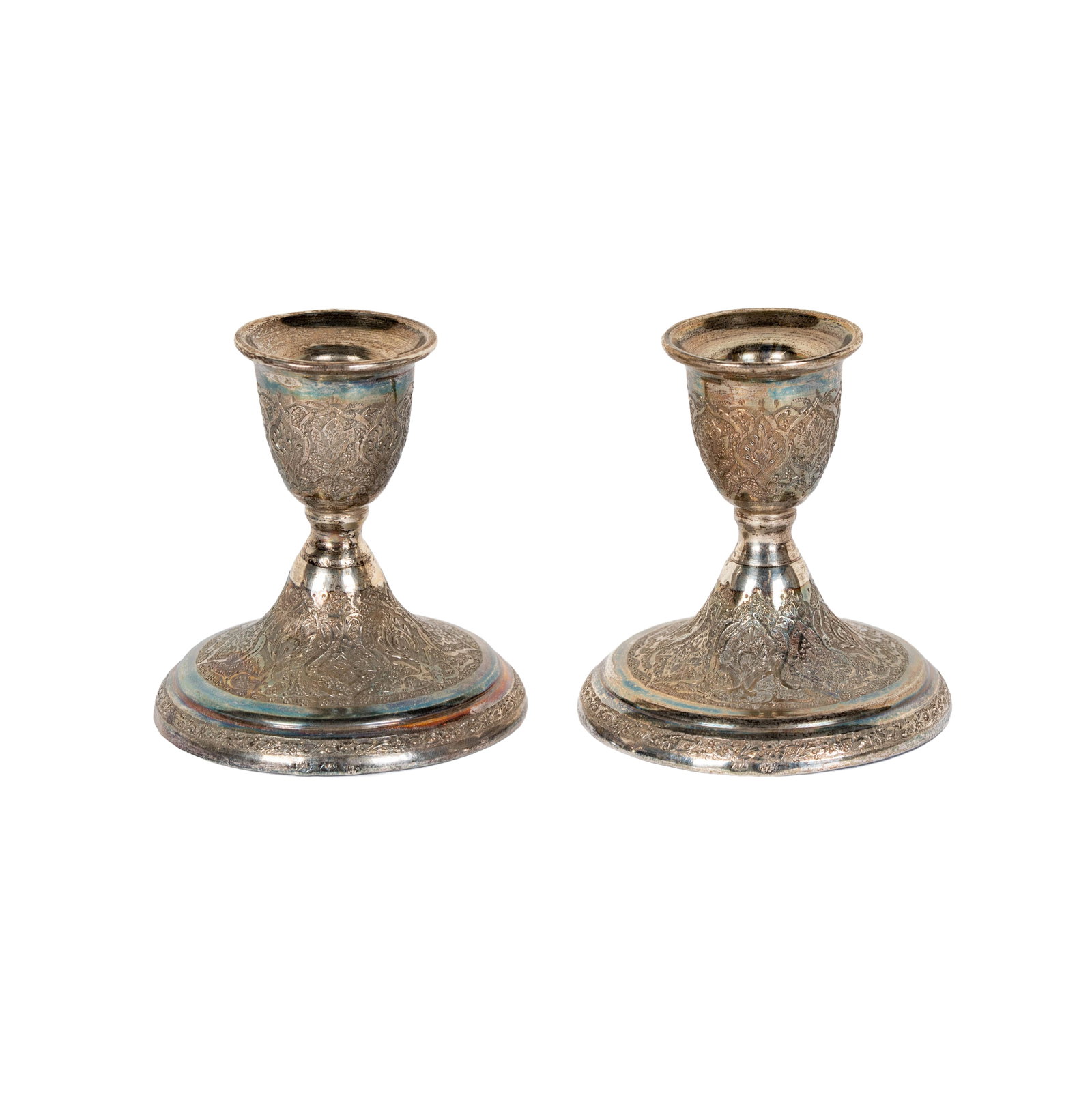 Pair of Persian .875 Silver Candlesticks: each with 84-standard mark and further hallmarks, 3 1/2 x 3 3/4 in.