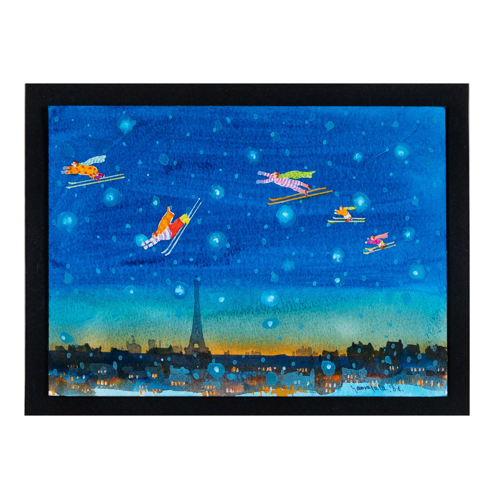 Hiro Yamagata (b. 1948), Night Skiers: 1984, signed and dated lower right, with inscription dated 1985 verso, 7 1/2 x 5 1/2 in., frame: 18 1/4 x 20 1/4